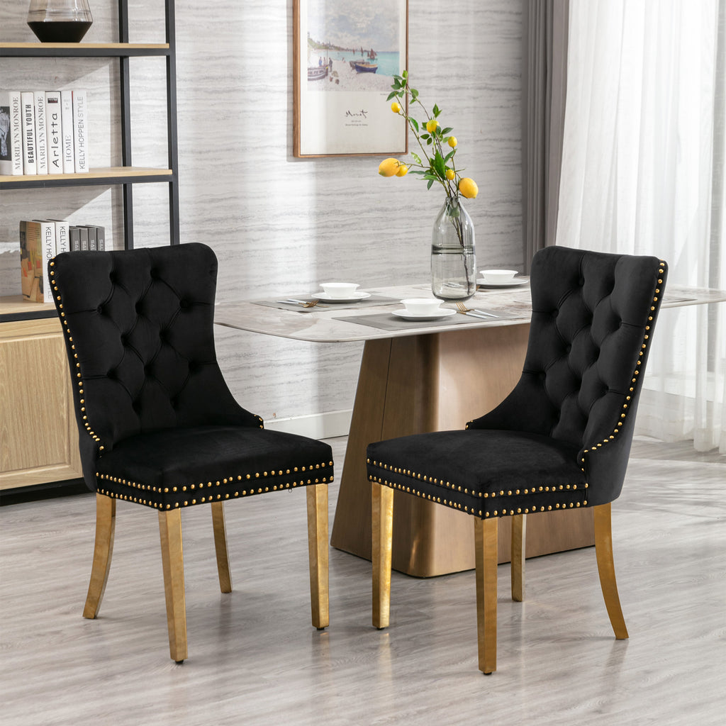 A&A Furniture,Nikki Collection Modern, High-end Tufted Solid Wood Contemporary Velvet Upholstered Dining Chair with Golden Stainless Steel Plating Legs,Nailhead Trim,Set of 2，Black and Gold, SW1601BK - Grand Goldman Shop