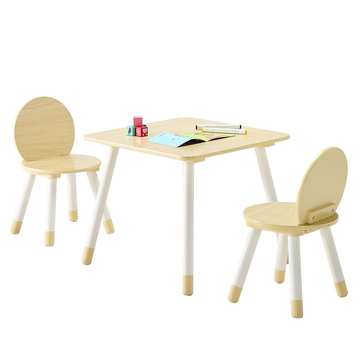 Kids Table and 2 Chairs Set, Toddler Table and Chair Set with Rounded Edge Design & Graffiti Desktop, Wooden Desk for Art, Cr