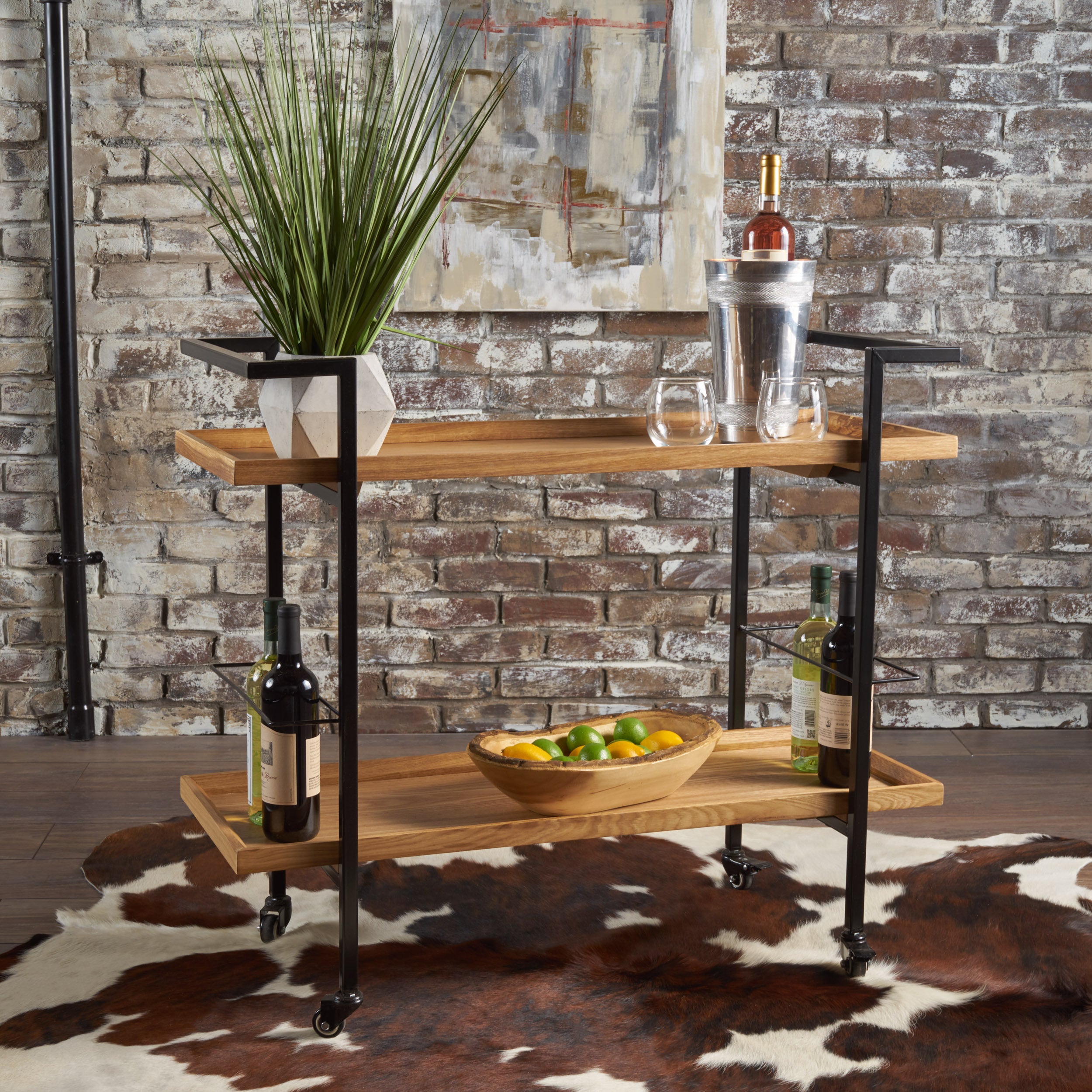 Modern Industrial Bar Cart with Shelving and Casters in Natural Wood and Metal, 38 x 16.1 x 33 inches - Grand Goldman Shop