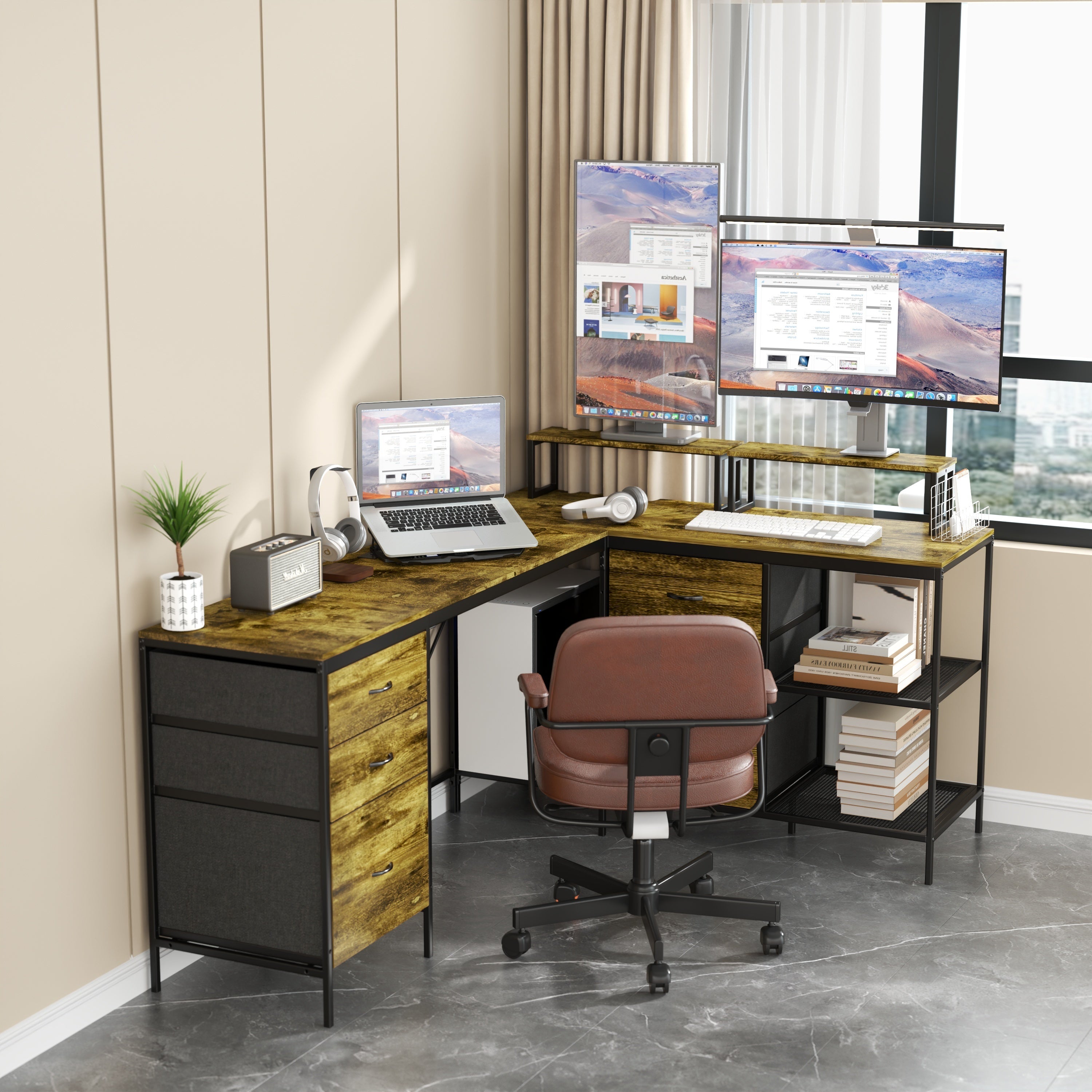 Industrial L-Shaped Computer Desk with Power Outlets & USB-C, Rustic Brown Metal Frame, 6 Fabric Drawers, 3 Open Shelves, Mov