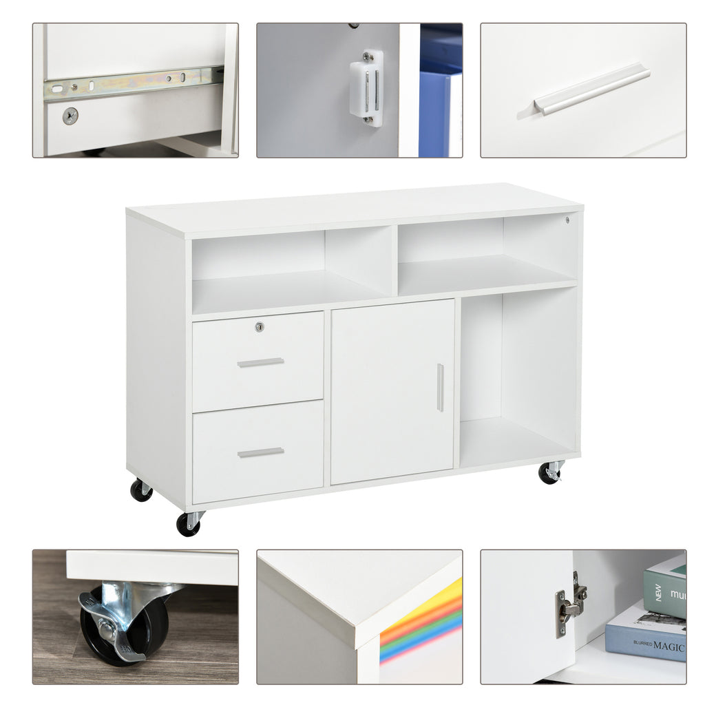 HOMCOM Printer Stand Home Office Mobile Cabinet Organizer Desktop with Caster Wheels, 2 Locking Breaks and Drawer, White | Pr
