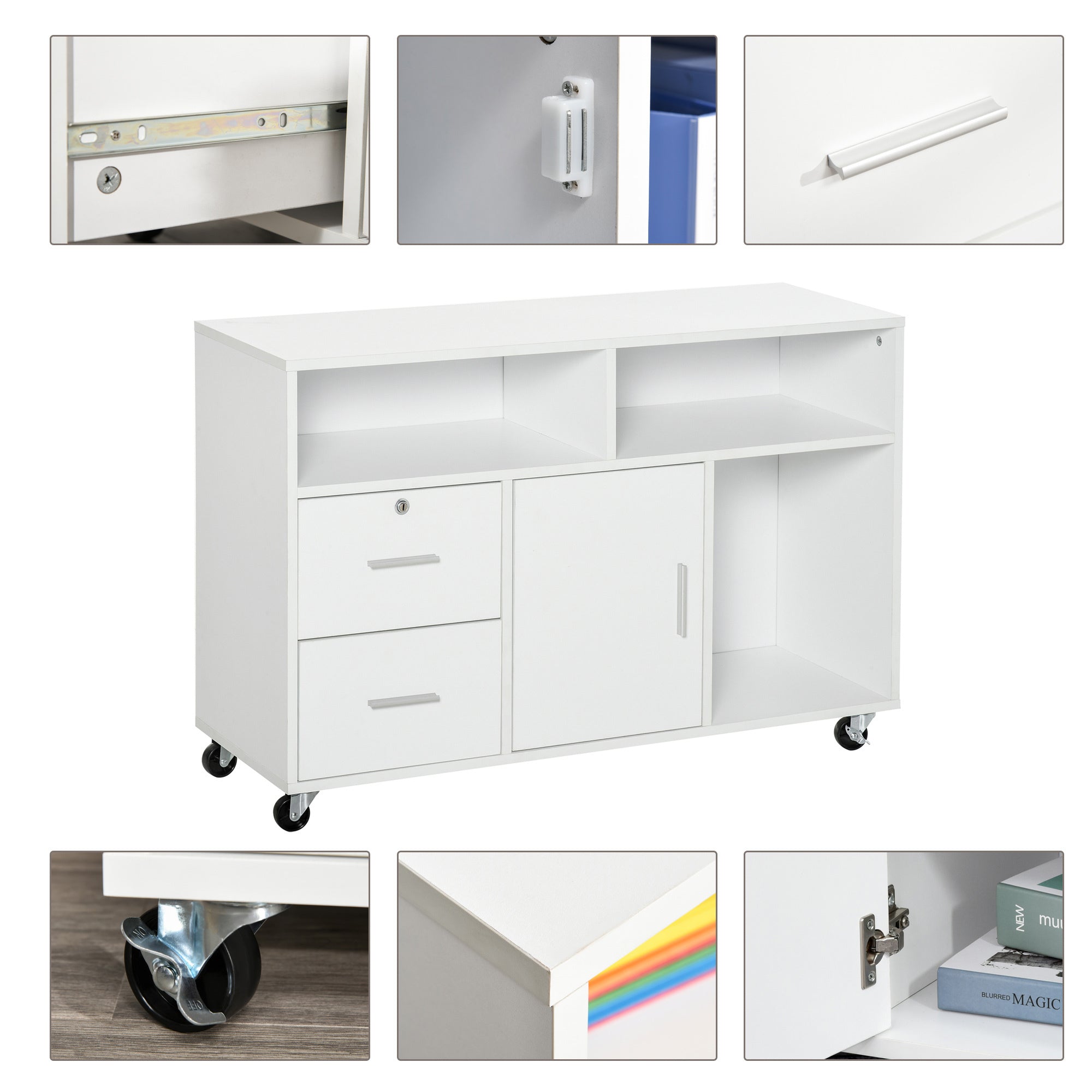 HOMCOM Printer Stand Home Office Mobile Cabinet Organizer Desktop with Caster Wheels, 2 Locking Breaks and Drawer, White | Pr