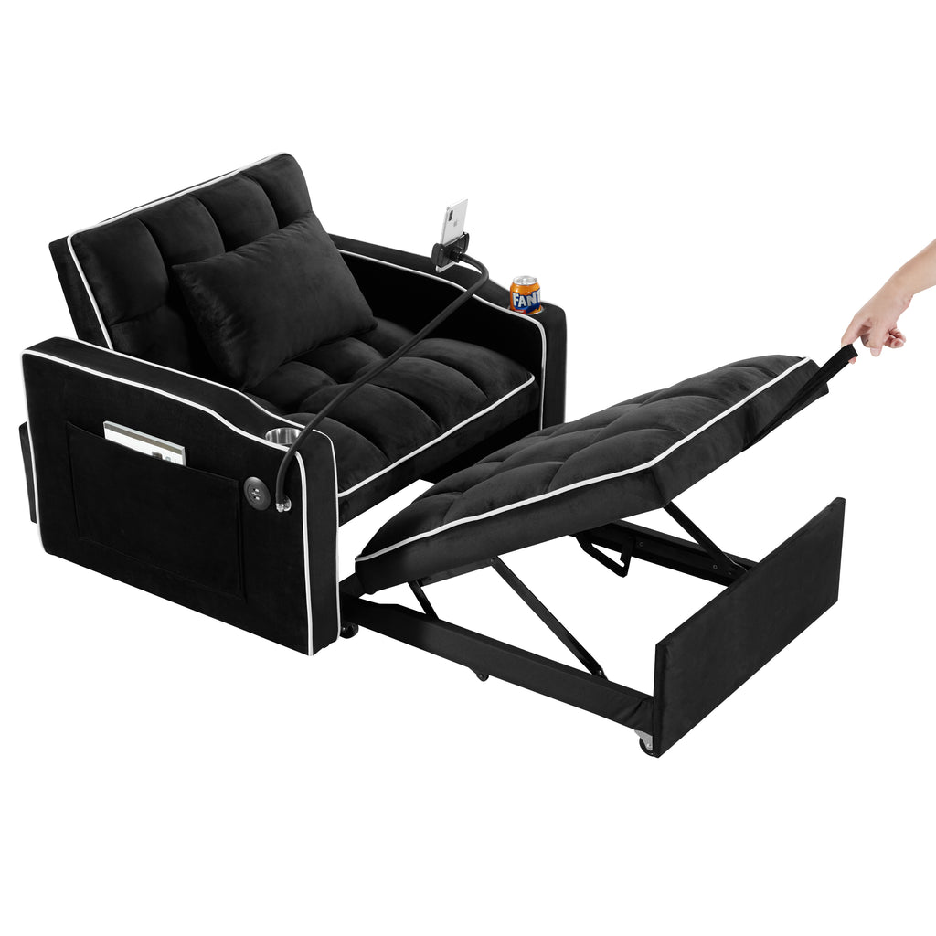 Convertible Sleeper Chair Sofa Bed with Multi-Pockets, Adjustable Pull Out Sofa for Small Spaces, Black Velvet - Grand Goldman Shop