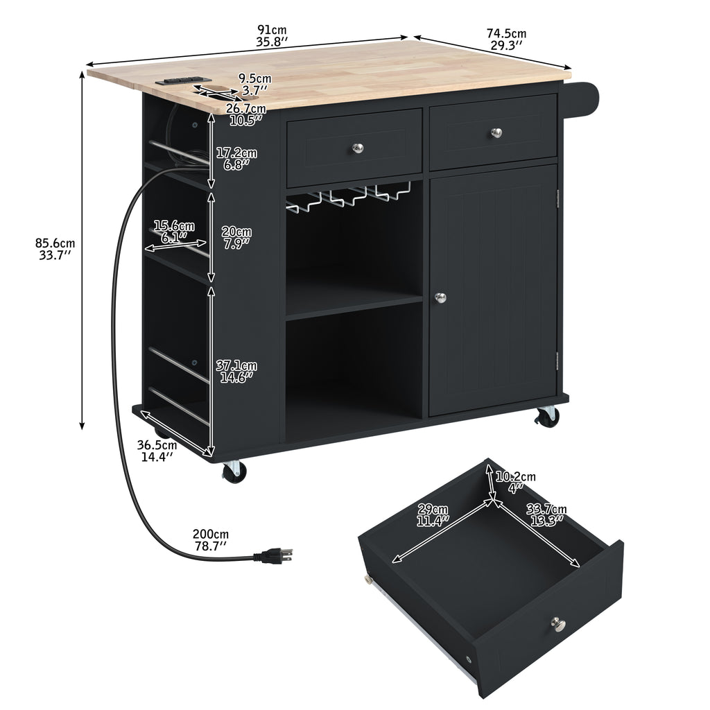 Kitchen Island with Power Outlet,Kitchen Storage Island with Drop Leaf and Rubber Wood,Open Storage and Wine Rack,5 Wheels,with Adjustable Storage for Home, Kitchen, and Dining Room, Black - Grand Goldman Shop