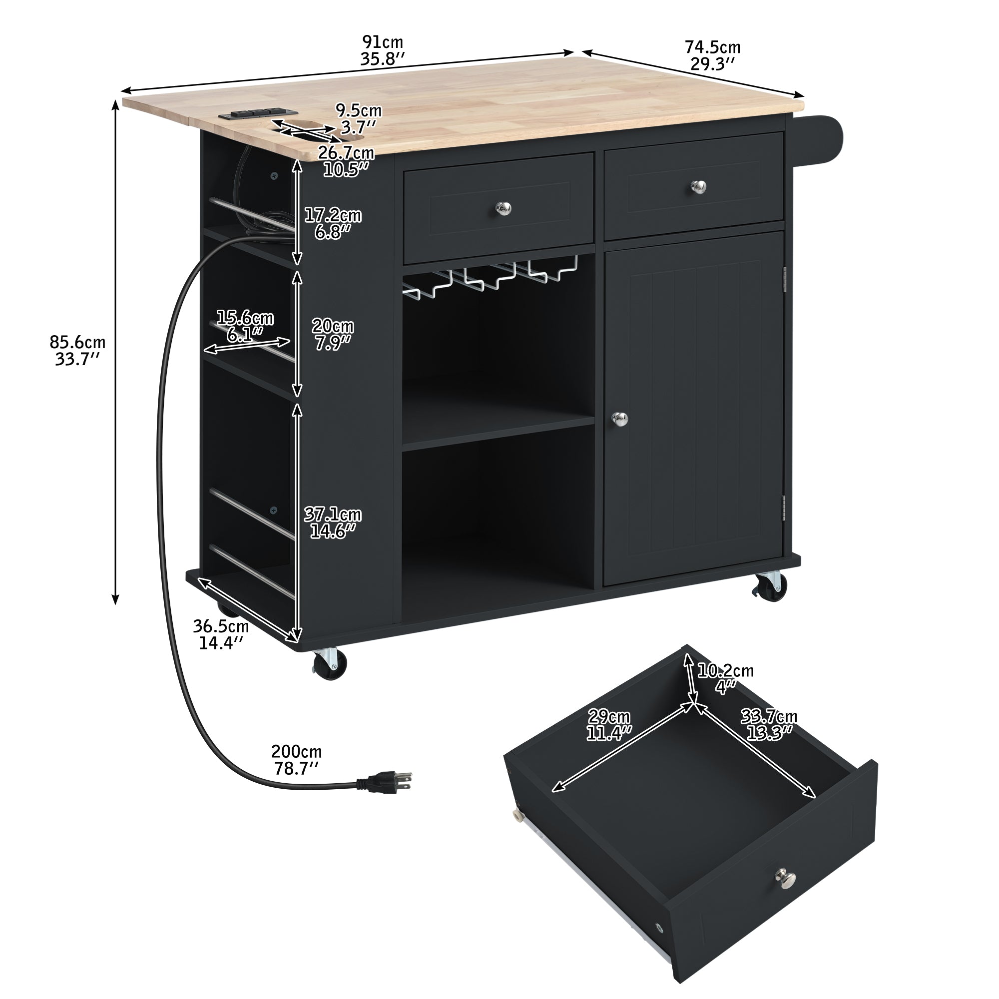 Kitchen Island with Power Outlet,Kitchen Storage Island with Drop Leaf and Rubber Wood,Open Storage and Wine Rack,5 Wheels,with Adjustable Storage for Home, Kitchen, and Dining Room, Black - Grand Goldman Shop