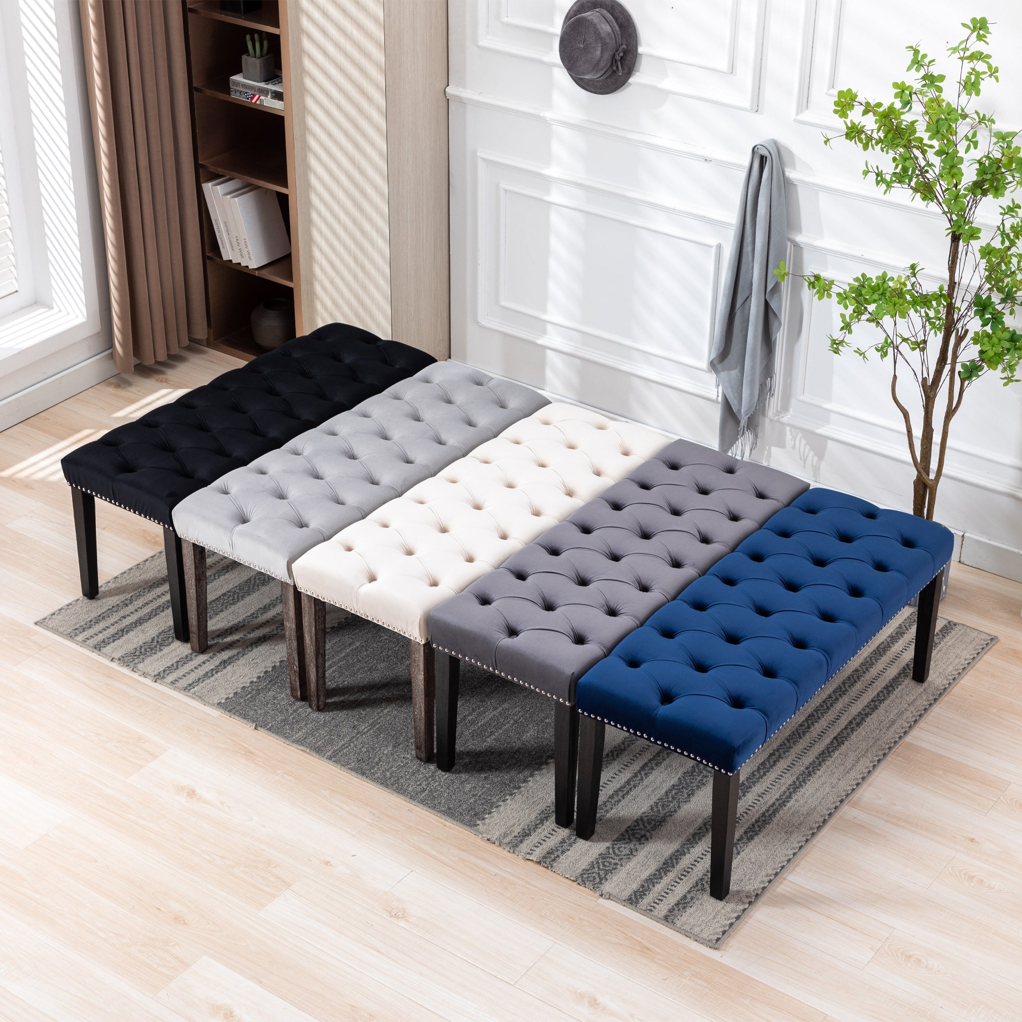 Heng Ming Upholstered Tufted Bench Ottoman , Velvet Dining Bench Bedroom Bench  Footrest Stool Accent Bench for Entryway Dining Room Living Room, Black - Grand Goldman Shop