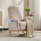 Modern Accent Rocking Chair Rocking Chair with Solid Wood Legs, Upholstered Nursery Glider Rocker Side Pocket and Footrest, Living Room Lounge Arm Chair with High Backrest (beige,teddy) - Grand Goldman Shop