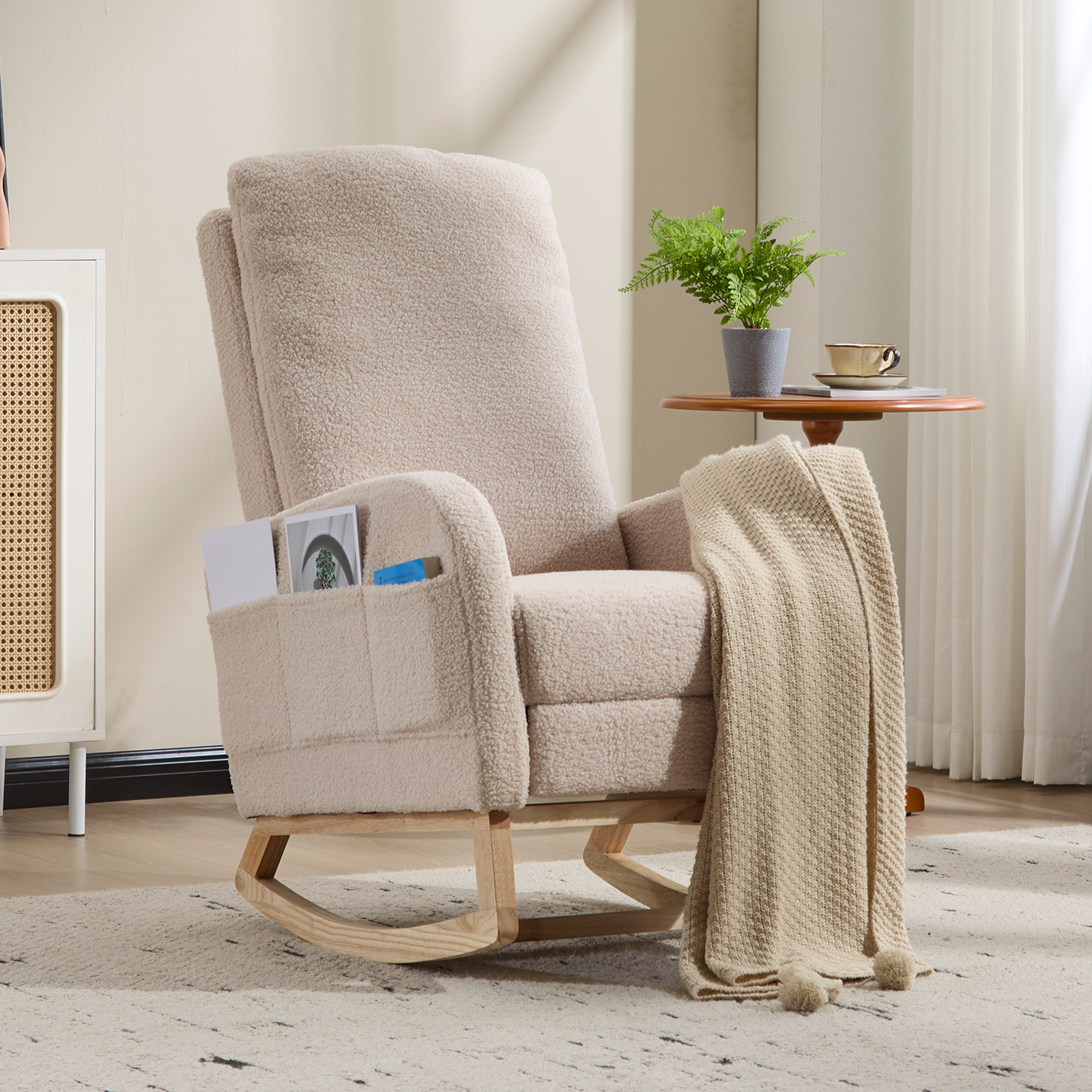 Modern Accent Rocking Chair Rocking Chair with Solid Wood Legs, Upholstered Nursery Glider Rocker Side Pocket and Footrest, Living Room Lounge Arm Chair with High Backrest (beige,teddy) - Grand Goldman Shop