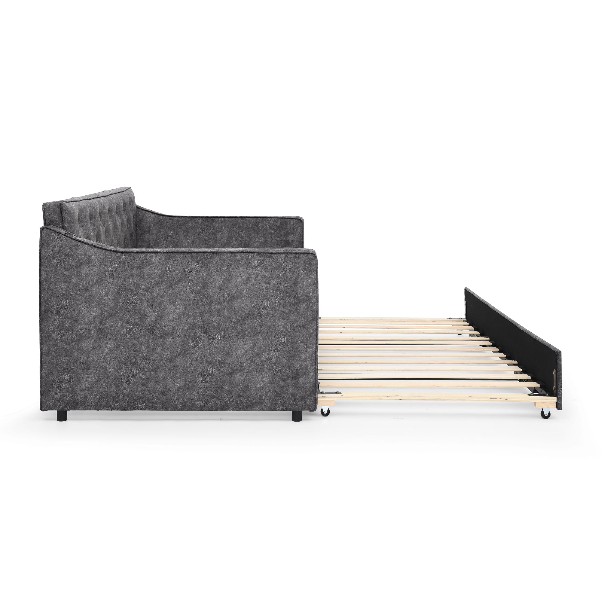 Grey Velvet Mid-Century Style Twin Upholstered Daybed with Pop-Up Trundle and USB Charging Armrest - Grand Goldman Shop