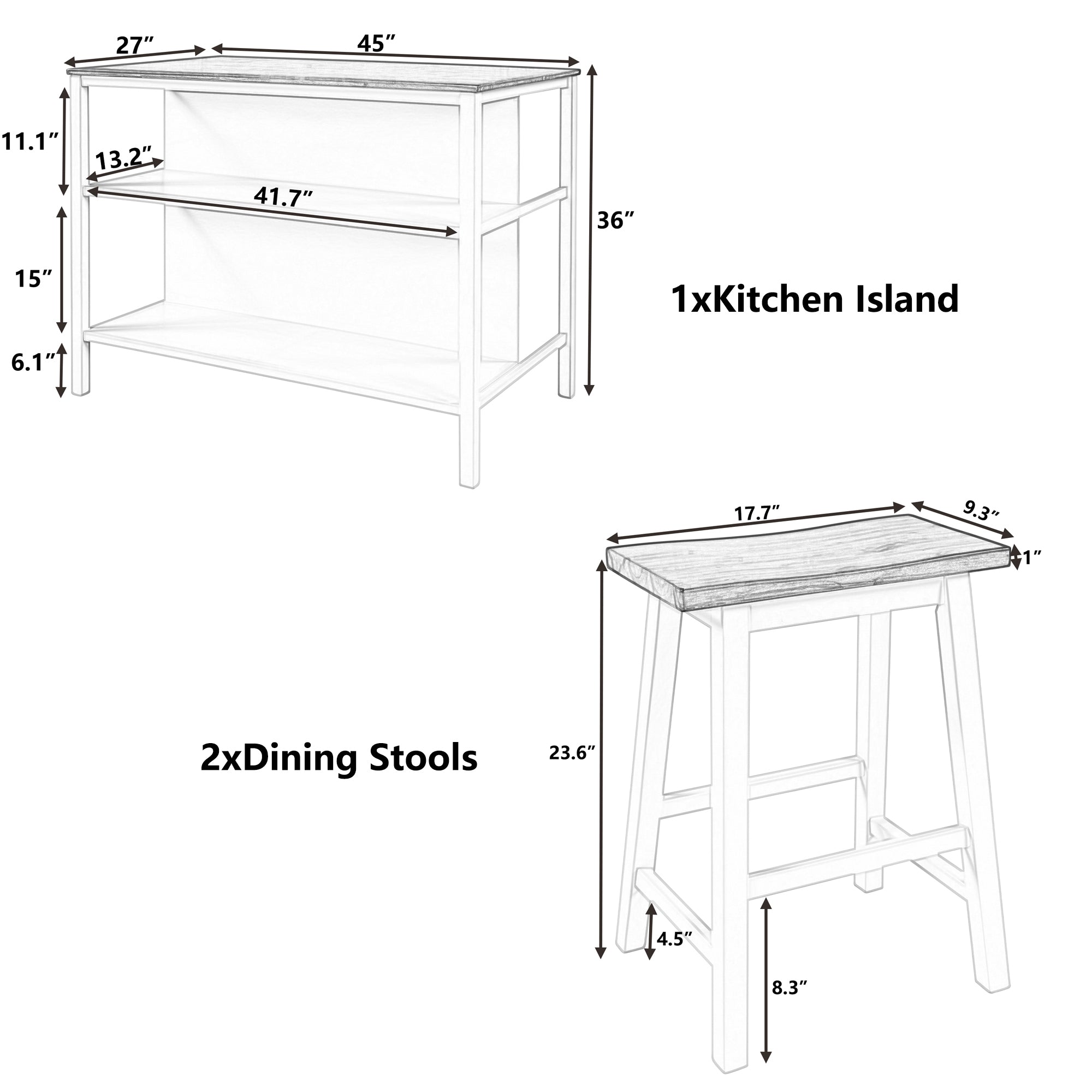 TOPMAX Rustic 3-piece Stationary Kitchen Island Set with Butcher Block and Seating, Walnut and Cream White - Grand Goldman Shop