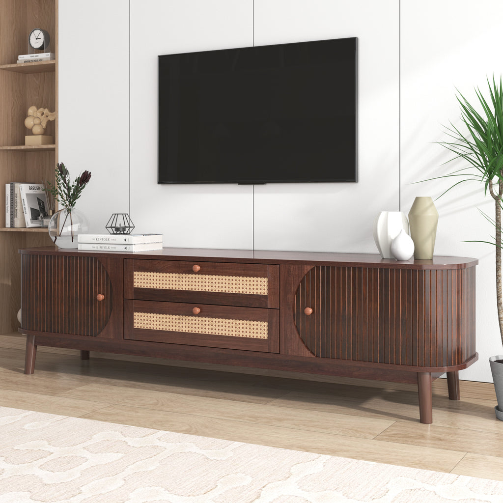 Modern Farmhouse Rattan TV Stand for TVs up to 75'', Natural Wood and Brown Solid Wood Legs, MDF Cabinet with Rattan Drawers and Sliding Doors, 66.93'' L Living Room Entertainment Console - Grand Goldman Shop