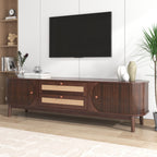 Modern Farmhouse Rattan TV Stand for TVs up to 75'', Natural Wood and Brown Solid Wood Legs, MDF Cabinet with Rattan Drawers and Sliding Doors, 66.93'' L Living Room Entertainment Console - Grand Goldman Shop
