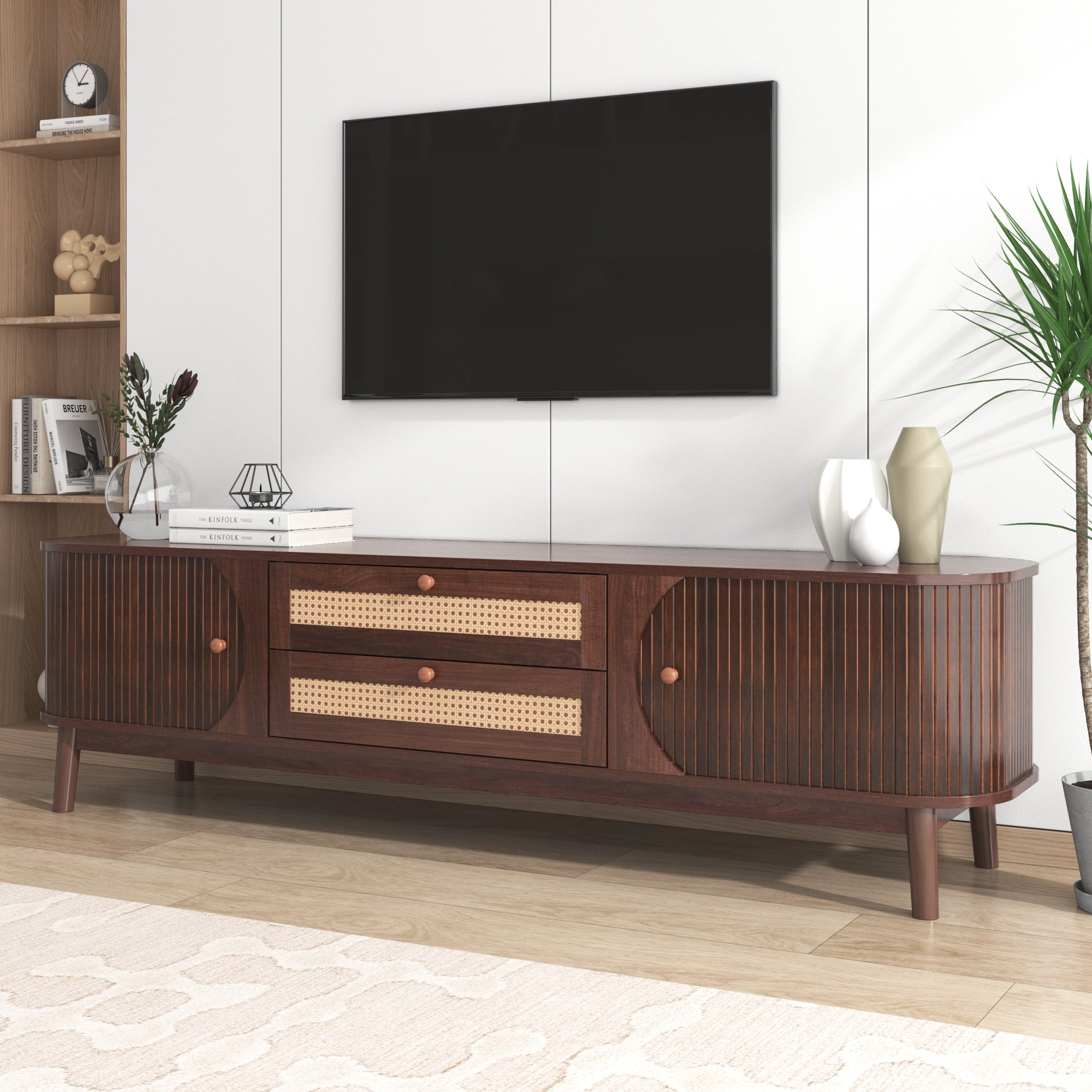 Modern Farmhouse Rattan TV Stand for TVs up to 75'', Natural Wood and Brown Solid Wood Legs, MDF Cabinet with Rattan Drawers and Sliding Doors, 66.93'' L Living Room Entertainment Console - Grand Goldman Shop