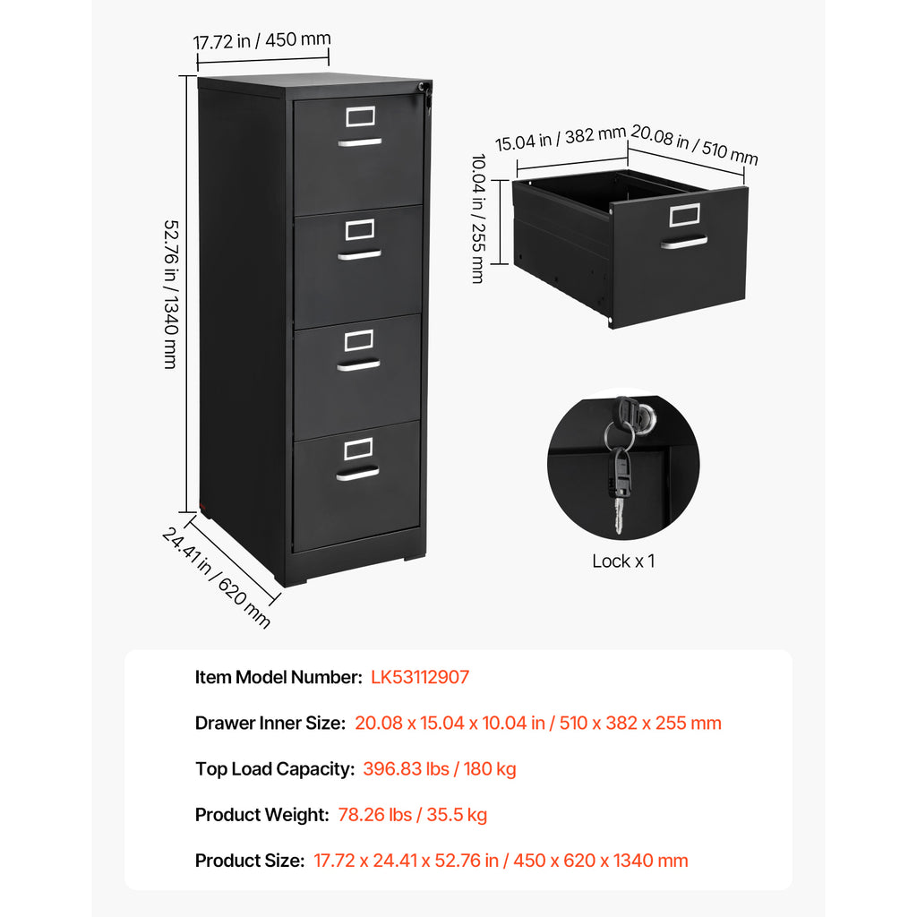 Stylish 4 Drawer File Cabinet with Lock, Metal Vertical Filing Storage Cabinets for Home Office, Heavy-Duty Cabinet with Deta
