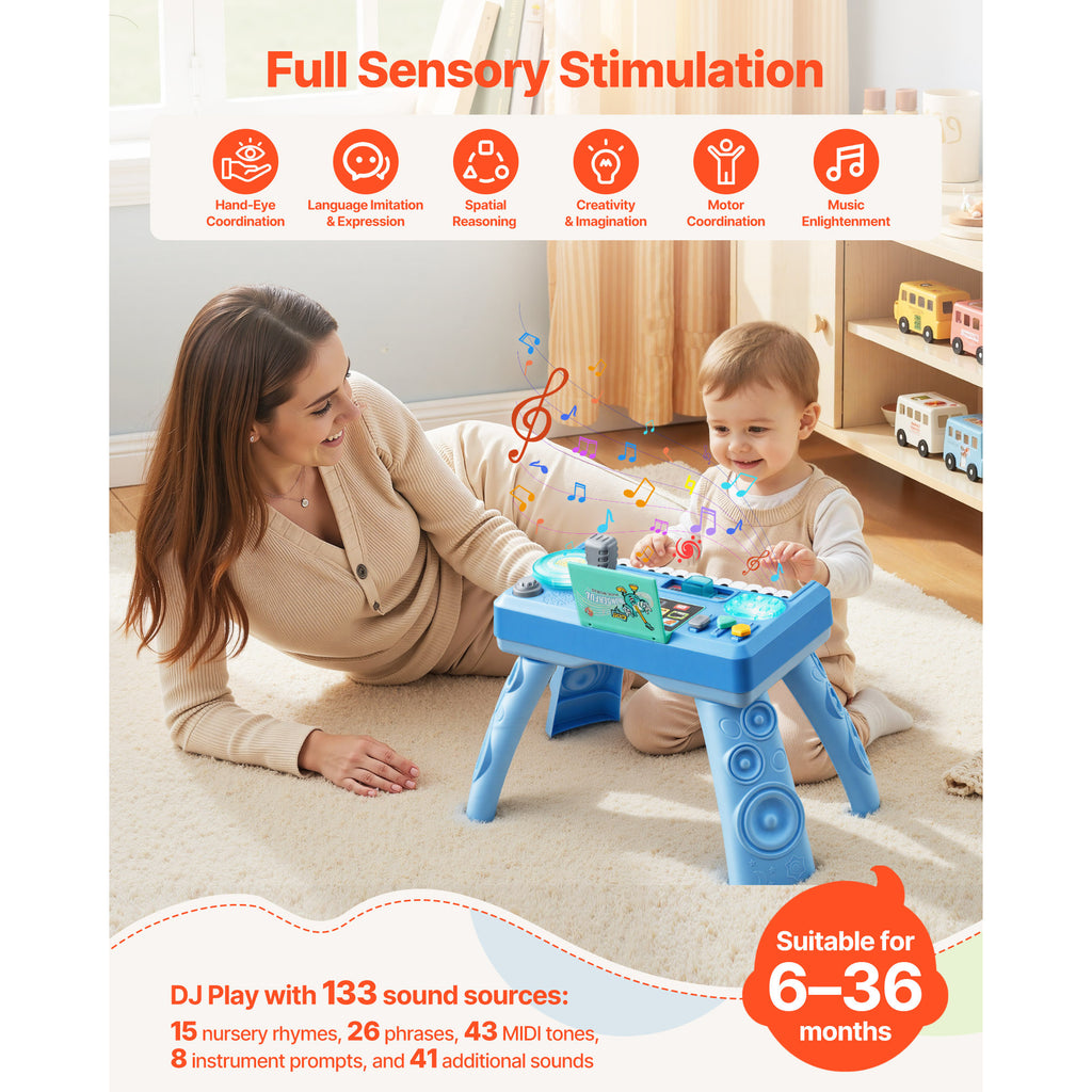 Baby DJ Playset for Toddlers 1-3, Educational Musical Table Toys with 133 Sound Sources, Recording and LED DJ Turntable, Baby