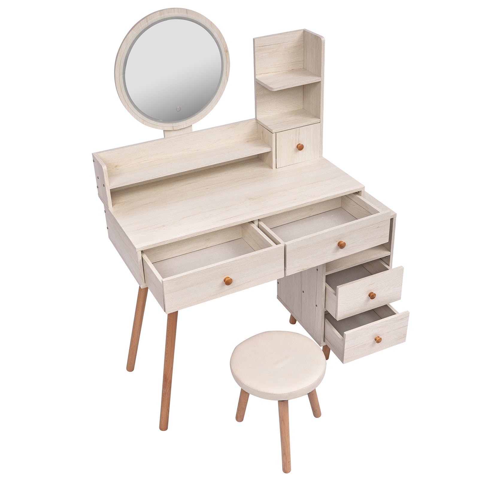 CRAZY ELF Stylish Vanity Table + Cushioned Stool, Touch Control LED Mirror, Large Capacity Storage Cabinet, 5 Drawers, Fashionable Makeup Furniture, Length Adjustable(L31.5'-43.2'x W15.8' x H48.1') - Grand Goldman Shop