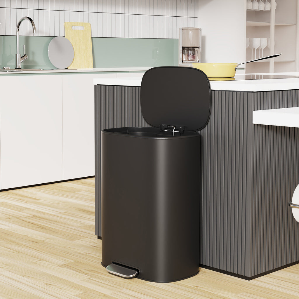13 Gallon 50L Kitchen Foot Pedal Operated Soft Close Trash Can - Stainless Steel Ellipse Bustbin - BLACK - Grand Goldman Shop