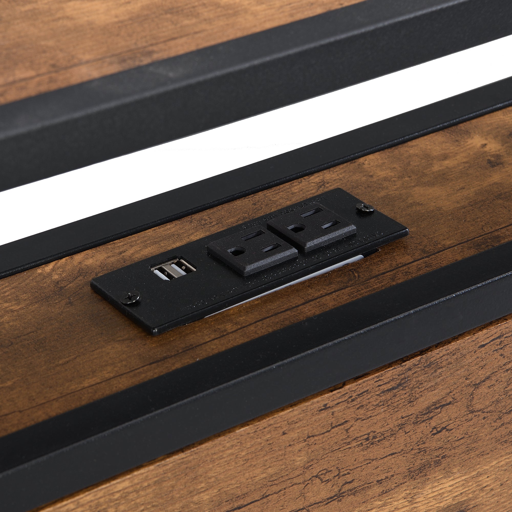 Modern Metal Platform Bed Frame with Wooden Headboard and Footboard, USB Liner, Queen Size, Black and Brown - Grand Goldman Shop