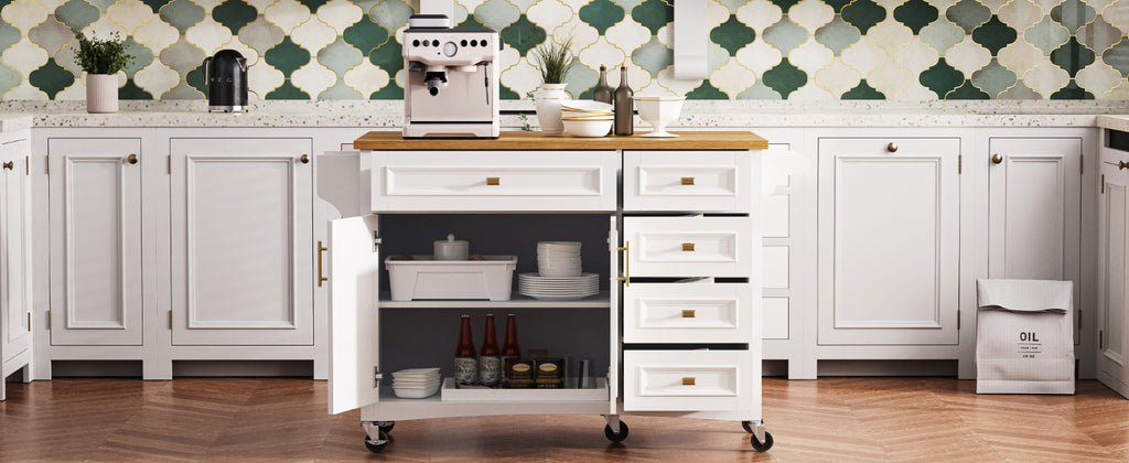 K&K 52'' Kitchen Island with Drop Leaf, Embossed Texture Kitchen Island on Wheels with Spice Rack, Towel Rack, 2 Doors and 5 Drawers, Kitchen Storage Cart with Adjustable Shelf for Kitchen, White - Grand Goldman Shop