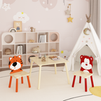 Kids Table and 2 Chairs Set, Wooden Activity Play Table Set with Bear & Tiger Design in White & Orange, Solid Wood and MDF Co