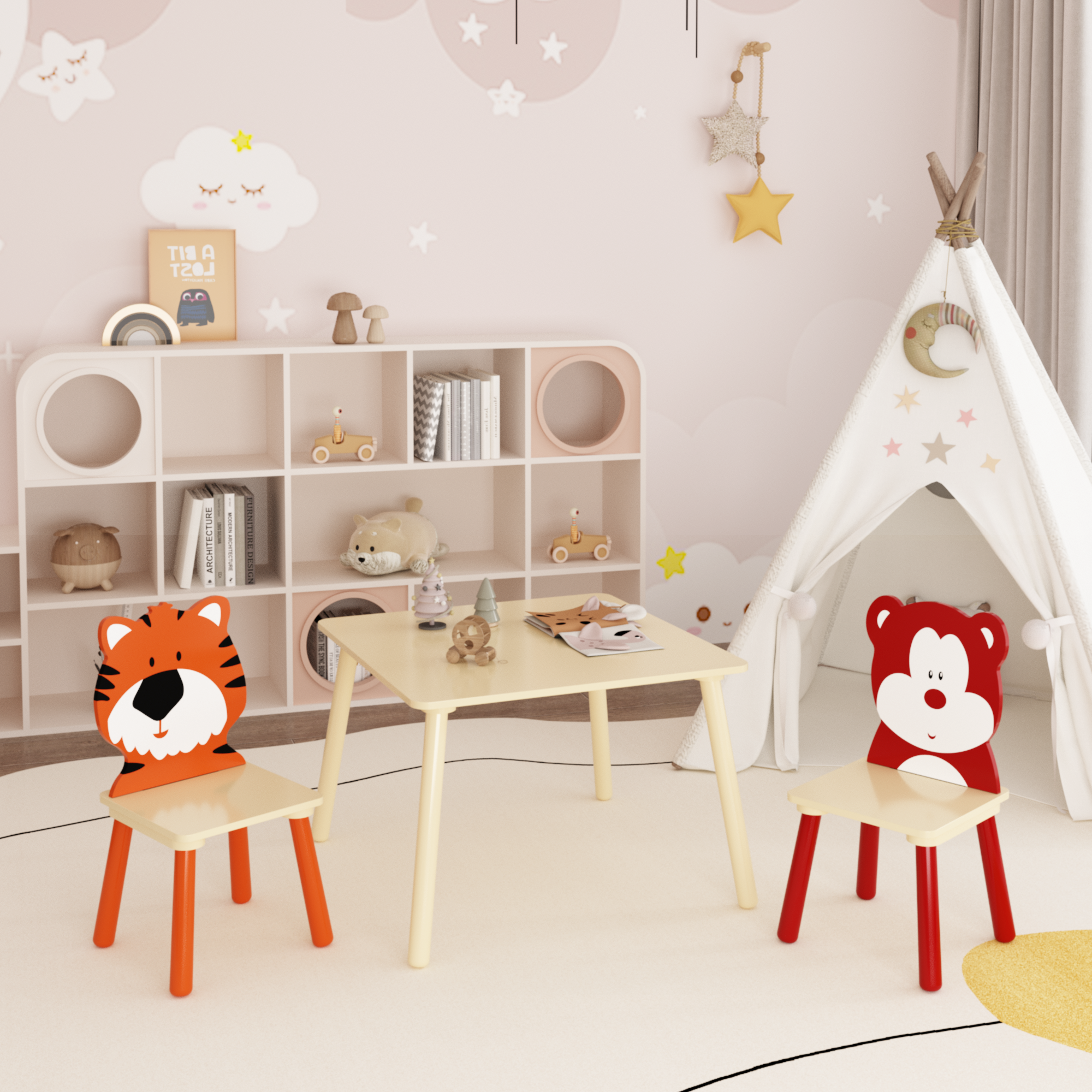 Kids Table and 2 Chairs Set, Wooden Activity Play Table Set with Bear & Tiger Design in White & Orange, Solid Wood and MDF Co