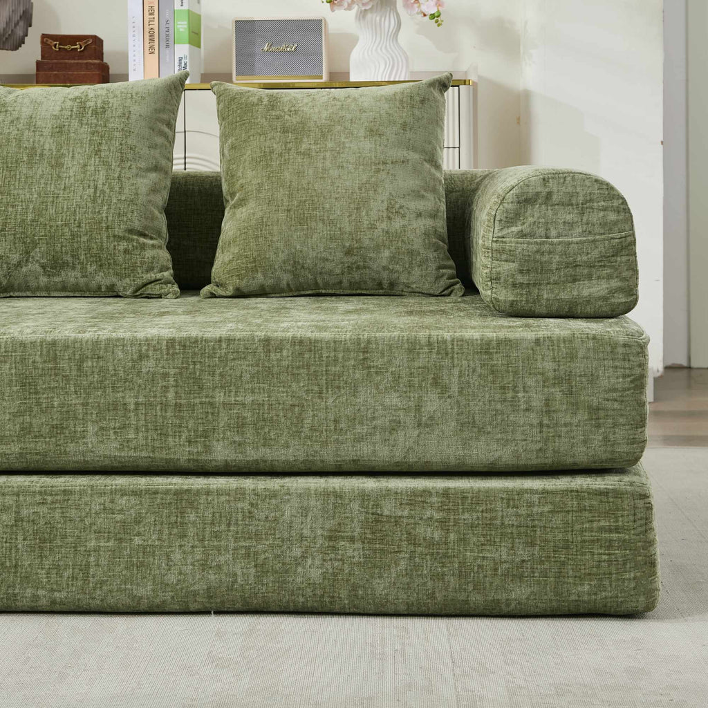 Comfy Convertible Folding Mattress Couch, Floor Sofa Bed, Chenille Floor Sofa with Armrest, Floor Sofa Lounge Couch for Living Room Bedroom Lounge Studio-Green - Grand Goldman Shop