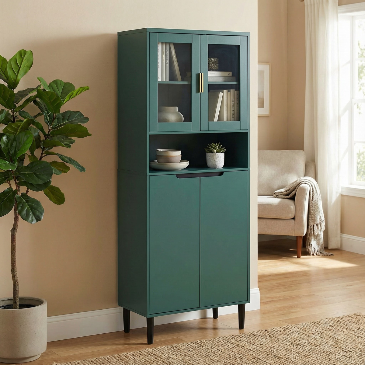 Tempered Glass Door Tall Storage Bookcase with adjustable board, 4 doors MDF painting finished cabinet, Green, Living room Bedroom storage - Grand Goldman Shop