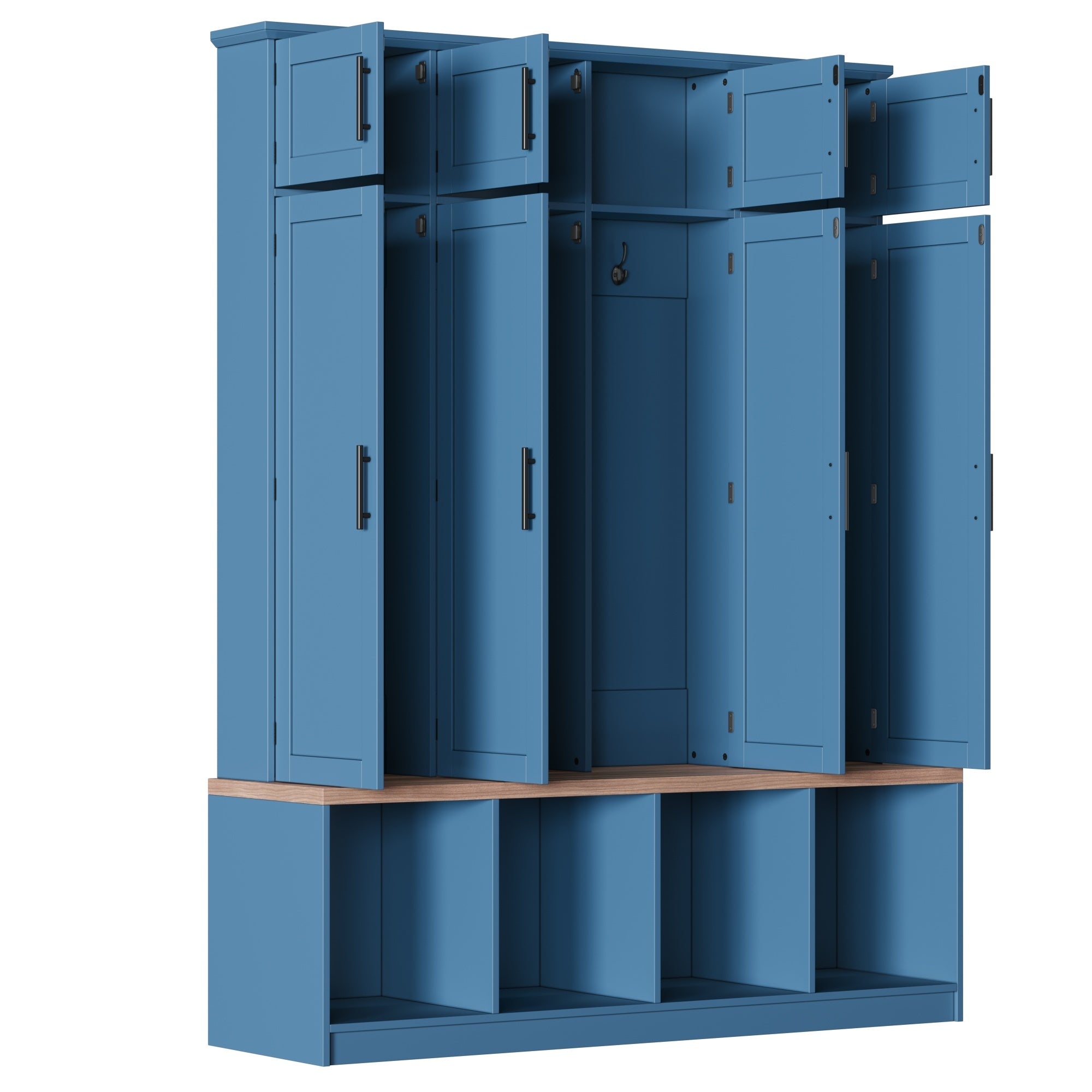Farmhouse Hall Tree with 4 Hidden Hanging Hooks, Versatile Walnut Seating Bench with 8 Doors, Entryway Shoe Cabinet with Open Compartment for Living Room, Blue (OLD SKU:N721S000059C) - Grand Goldman Shop