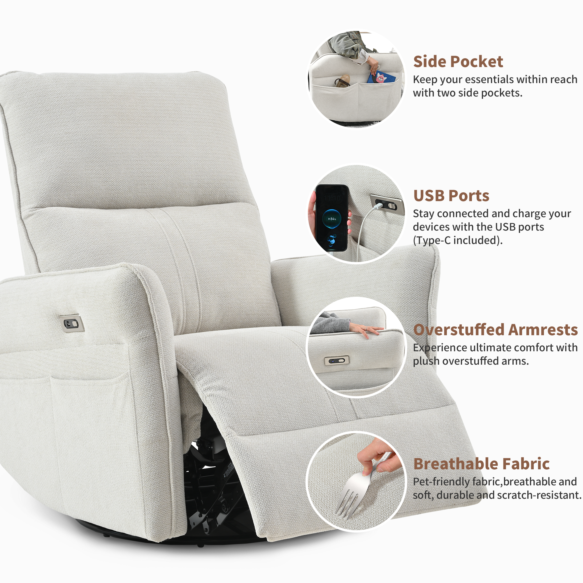 270° Power Swivel Rocker Recliner Chair for Adults, Swivel Rocking Recliner Chair,Electric Small Recliners for Small Spaces, Single Sofa Recliner for Living Room, Bedroom,RV (Fabric Gray+270°Swivel) - Grand Goldman Shop