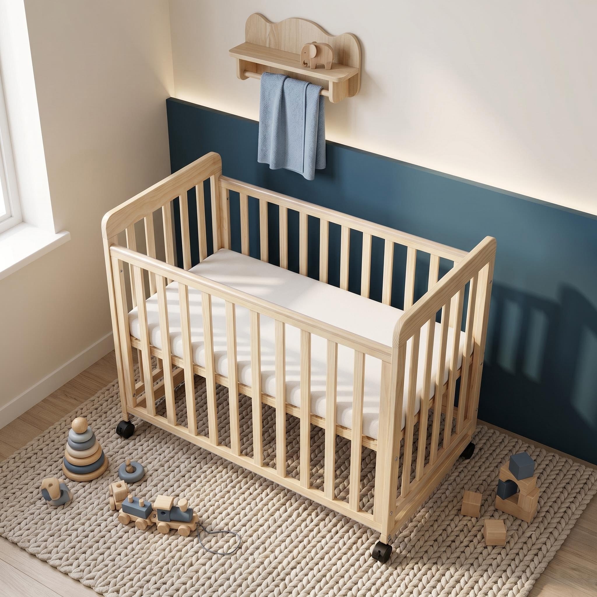 Portable Pine Wood Bedside Bassinet with 3 Adjustable Heights, Natural Wood Mini Crib for Newborns 0-36 Months, Compact Desig