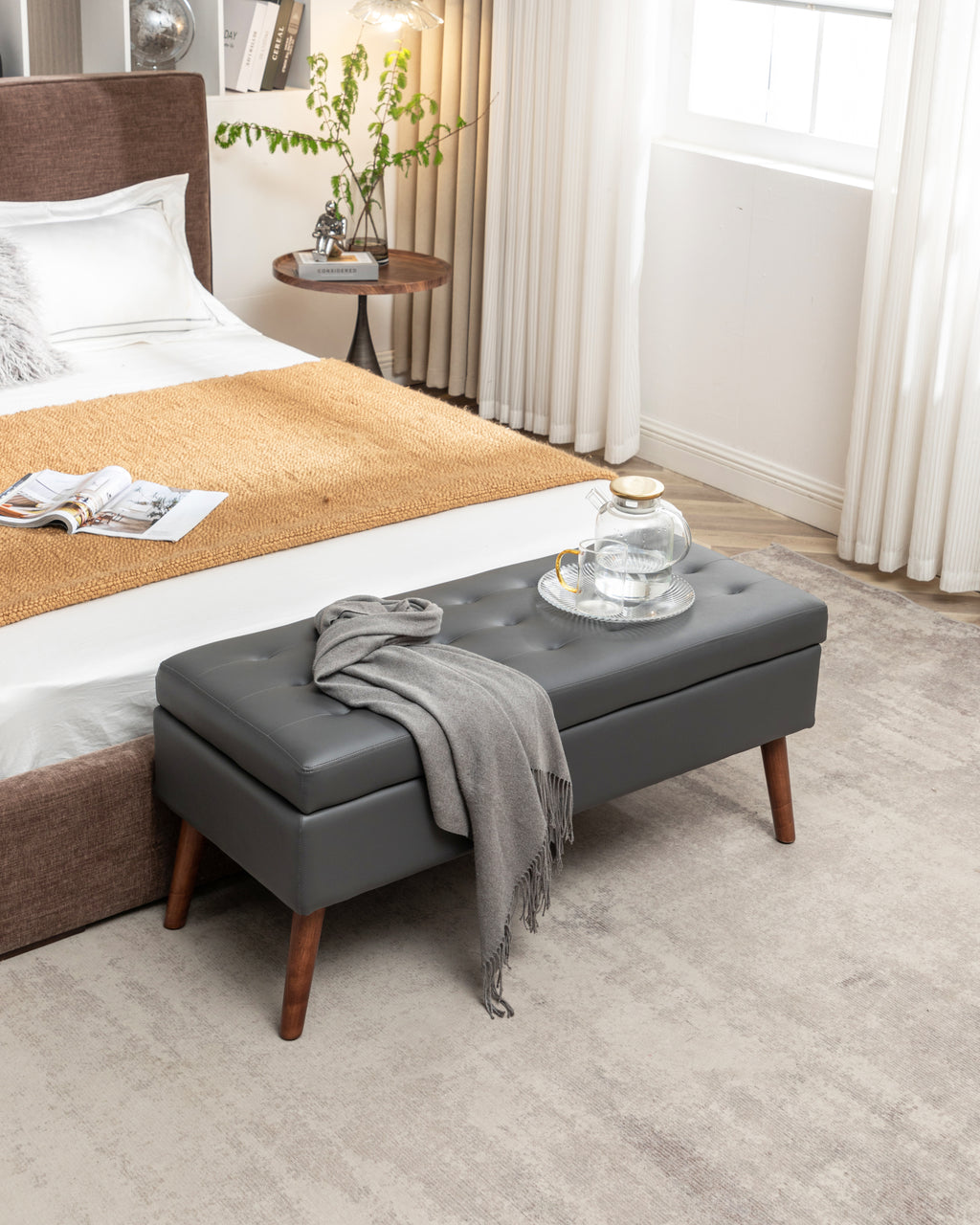 Storage Bench with Storage Bench for Bedroom End of Bed Bench Foot of Bed Bench Entryway Bench Storage Ottoman Bench 43.3' W x 17.7' Dark Grey Leather Bench - Grand Goldman Shop