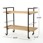 Modern Industrial Bar Cart with Shelving and Casters in Natural Wood and Metal, 38 x 16.1 x 33 inches - Grand Goldman Shop