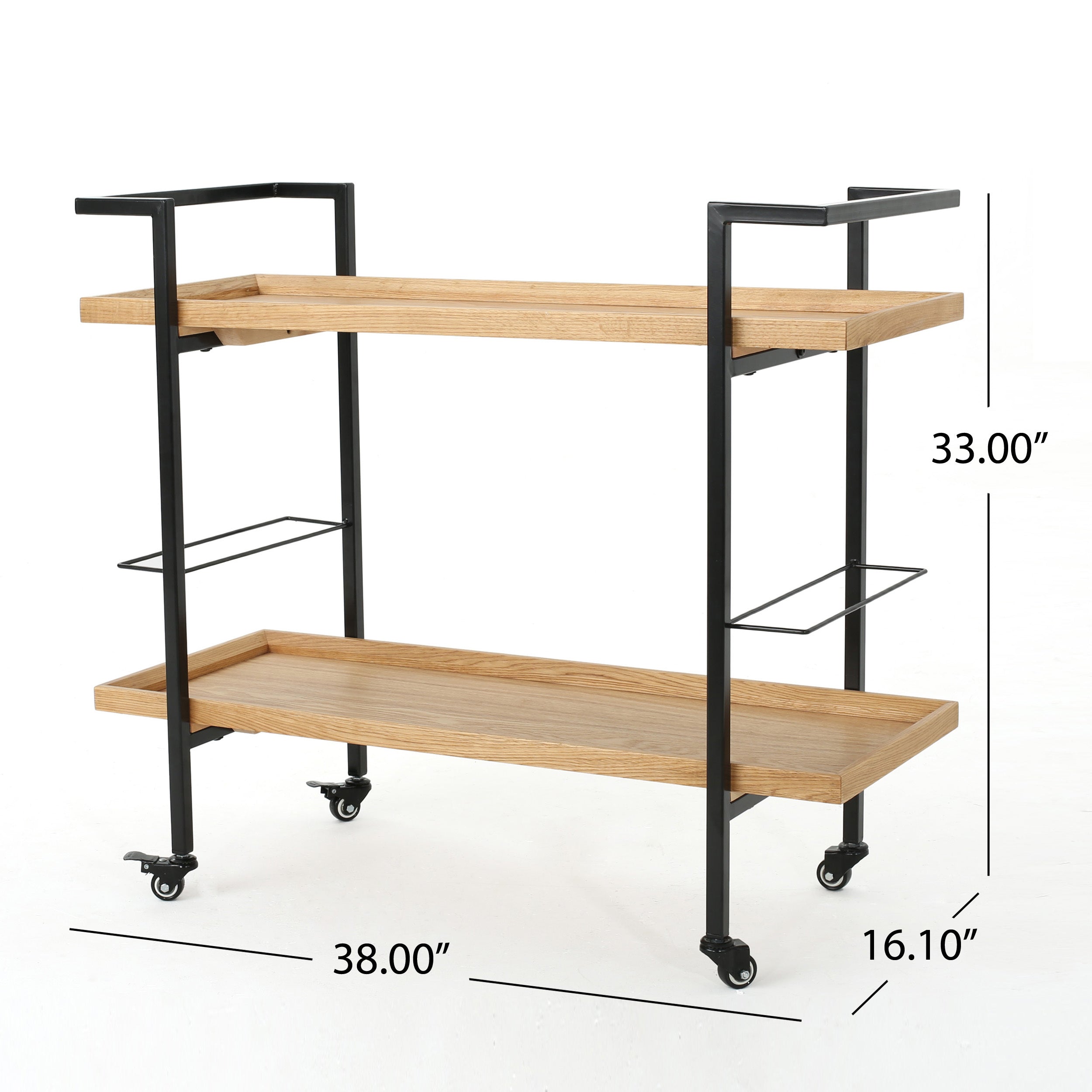 Modern Industrial Bar Cart with Shelving and Casters in Natural Wood and Metal, 38 x 16.1 x 33 inches - Grand Goldman Shop