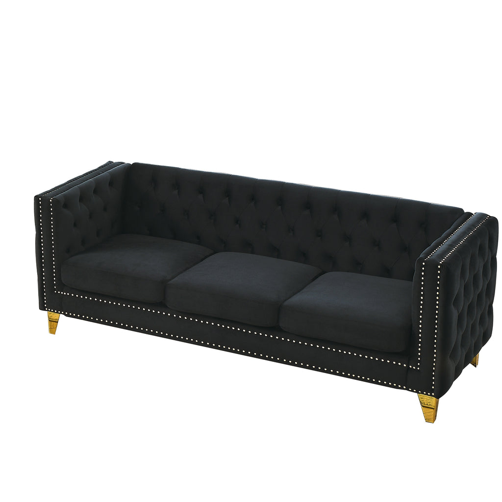 Modern Black Velvet Sofa with Button Tufting and Metal Legs, 3-Seater Couch for Living Room or Bedroom, Upholstered in Soft Velvet with Solid Wood Frame - Grand Goldman Shop