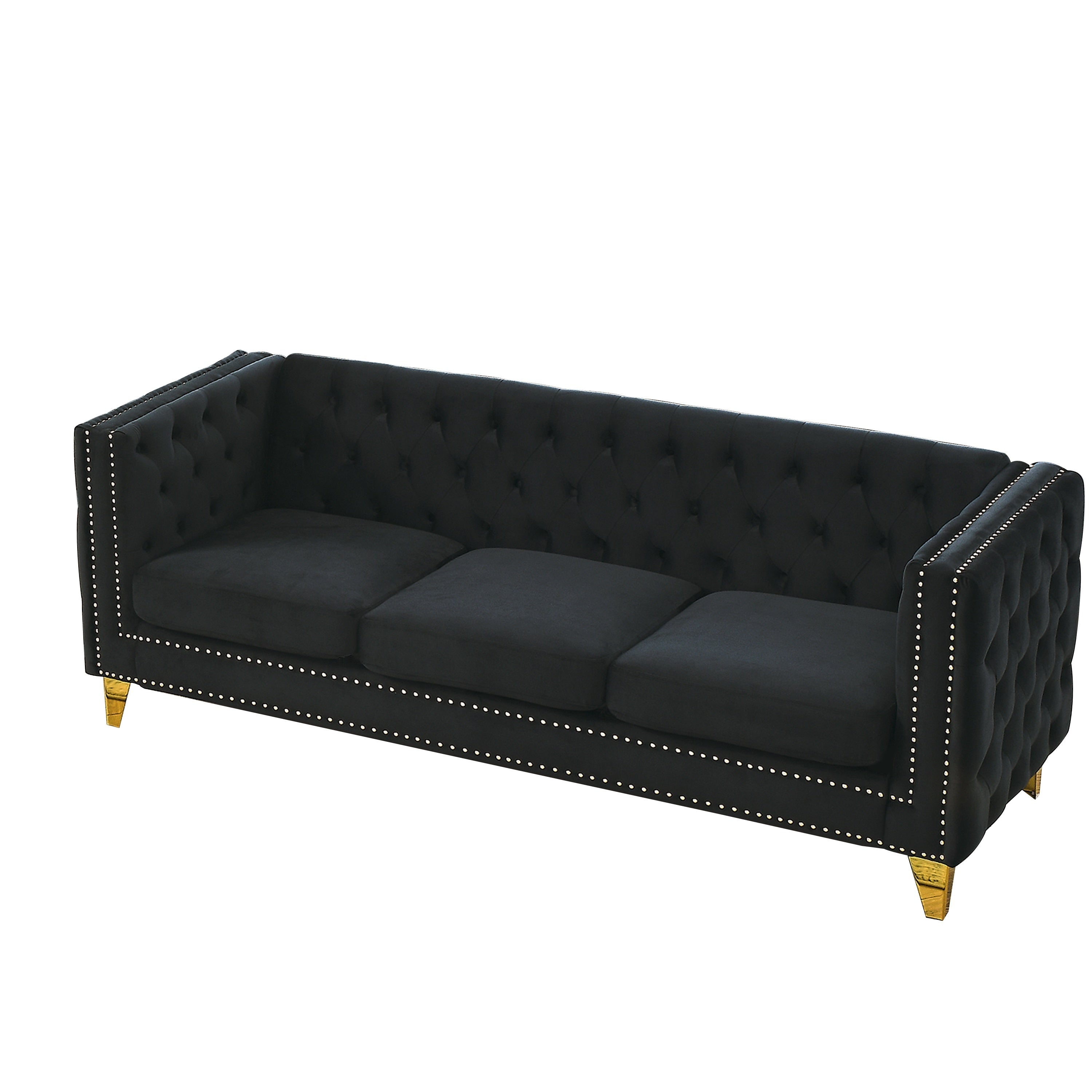 Modern Black Velvet Sofa with Button Tufting and Metal Legs, 3-Seater Couch for Living Room or Bedroom, Upholstered in Soft Velvet with Solid Wood Frame - Grand Goldman Shop