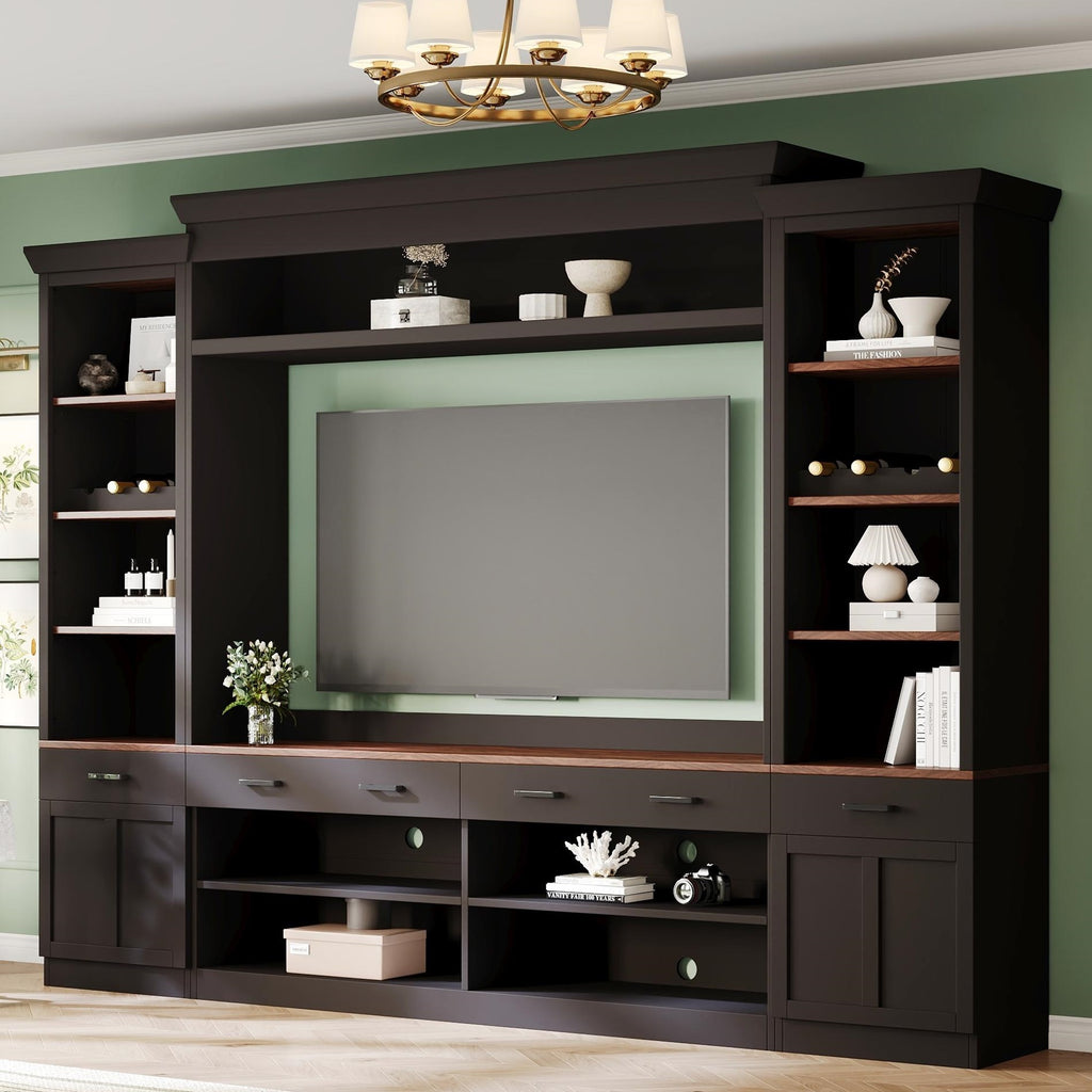 Farmhouse Entertainment Wall Unit with Bookshelf for TVs Up to 70', Walnut TV Stand with Adjustable Shelves, Mid-Century Media Console with Wine Rack for Living Room, Black (NEW SKU: N721S000046B-2) - Grand Goldman Shop
