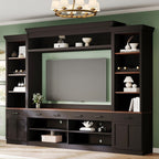 Farmhouse Entertainment Wall Unit with Bookshelf for TVs Up to 70', Walnut TV Stand with Adjustable Shelves, Mid-Century Media Console with Wine Rack for Living Room, Black (NEW SKU: N721S000046B-2) - Grand Goldman Shop