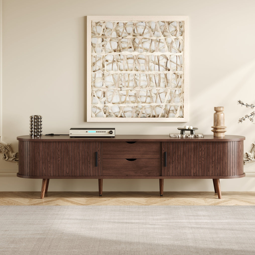 Mid Century Modern TV Stand for 70-Inch TV, Dark Brown MDF & Solid Wood Console with Tambour Doors, Drawers and Built-in Power Outlet - Grand Goldman Shop