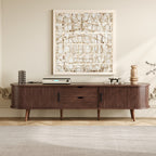 Mid Century Modern TV Stand for 70-Inch TV, Dark Brown MDF & Solid Wood Console with Tambour Doors, Drawers and Built-in Power Outlet - Grand Goldman Shop
