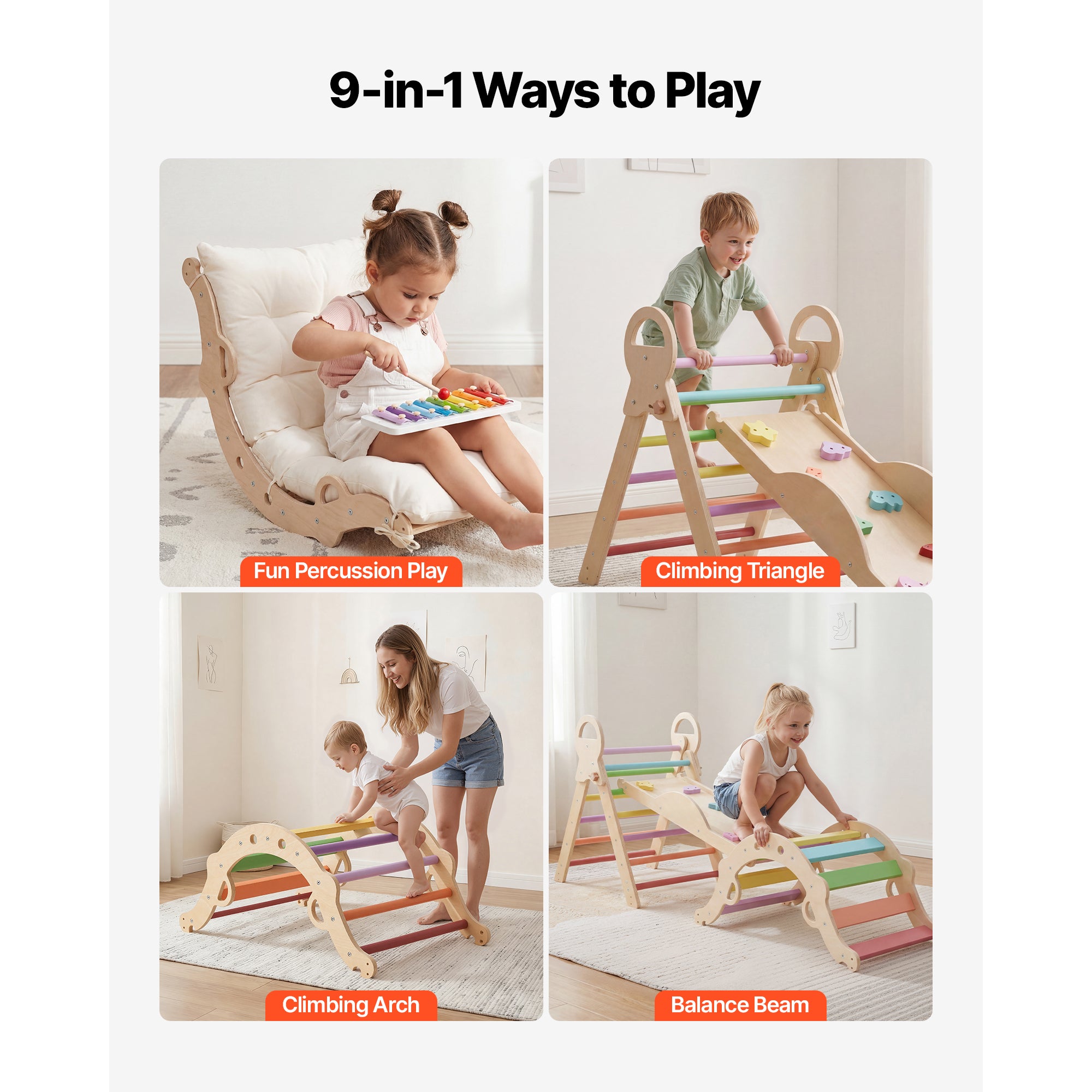 Pikler Triangle Set, 9-in-1 Toddler Climbing Toys Indoor, with Xylophone, Cushion, Triangle, Arch, and Ramp, 150 lbs Load, Fo