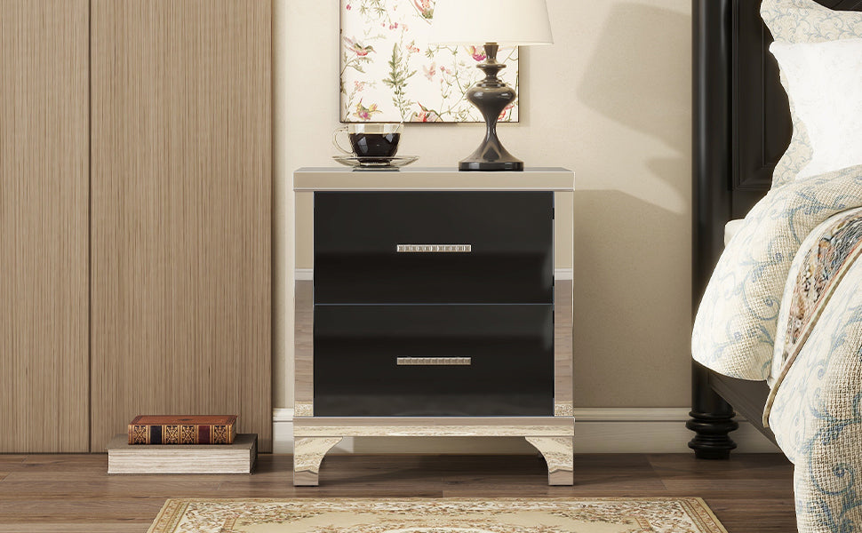Elegant High Gloss Nightstand with Metal Handle,Mirrored Bedside Table with 2 Drawers for Bedroom,Living Room,Black - Grand Goldman Shop