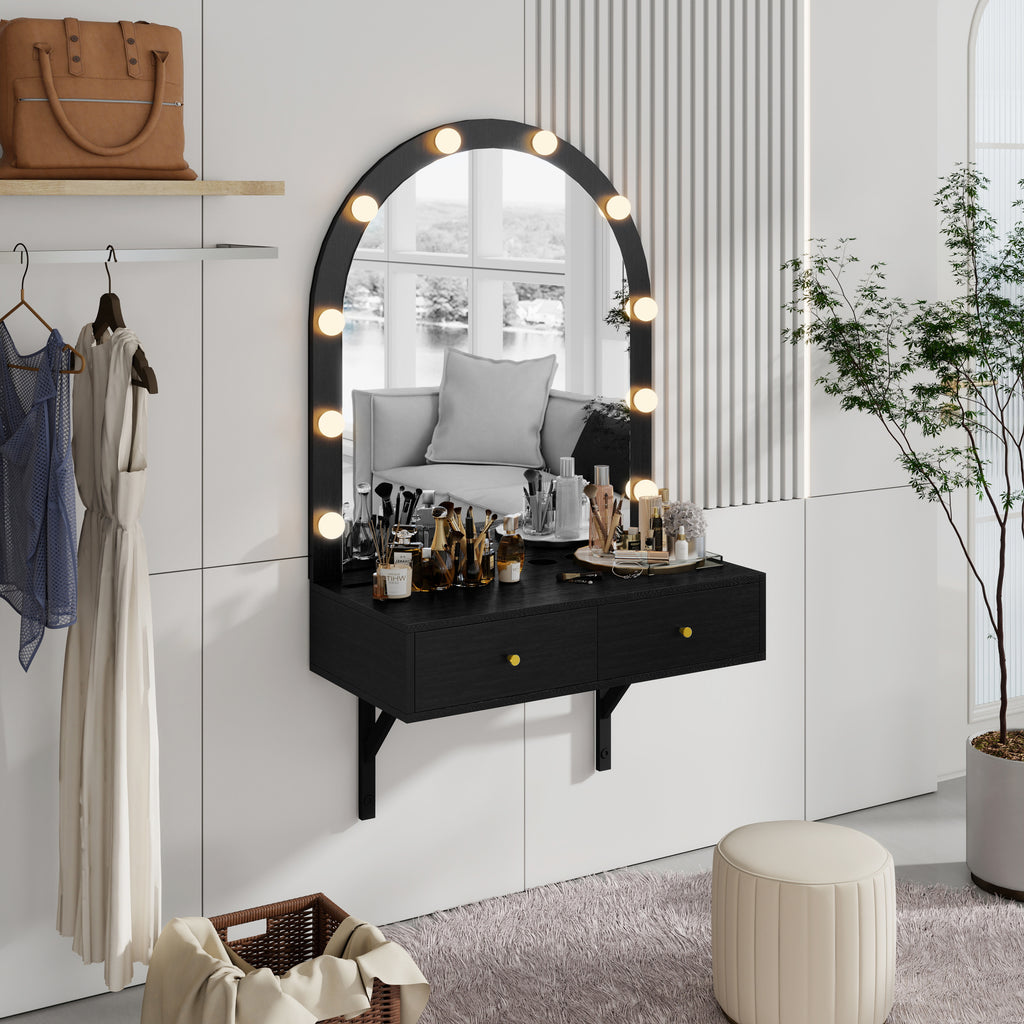 Floating Wall Mounted Makeup Vanity Desk with LED Mirror 3 Color Lights, Compact Dressing Table with Power Outlet & USB Charging, Space Saving Large Storage Vanity for Bedroom Bathroom, Black - Grand Goldman Shop
