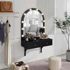 Floating Wall Mounted Makeup Vanity Desk with LED Mirror 3 Color Lights, Compact Dressing Table with Power Outlet & USB Charging, Space Saving Large Storage Vanity for Bedroom Bathroom, Black - Grand Goldman Shop