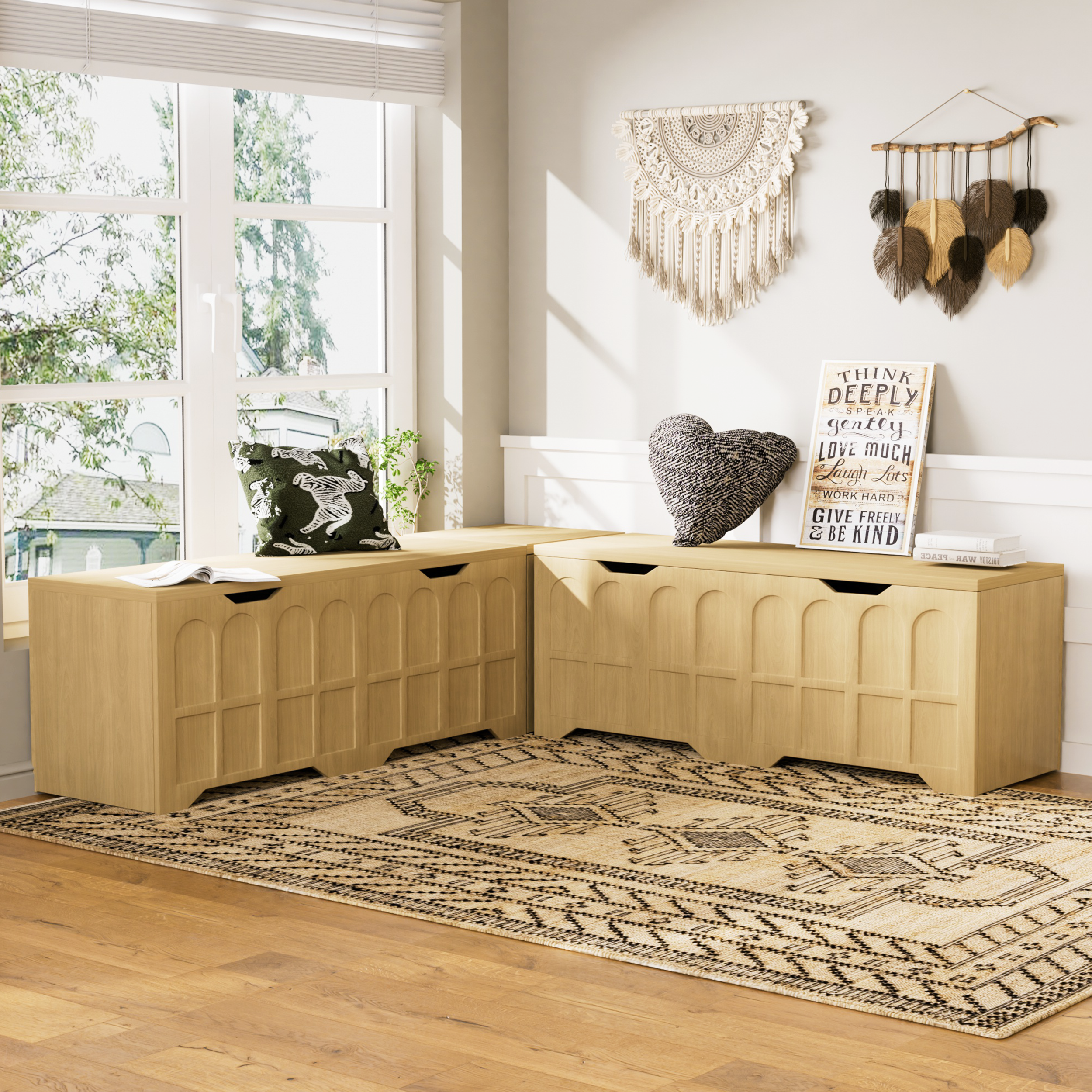 3-Piece L-shaped multifunctional storage bench with padded shoe bench, serves as a kitchen corner stool, toy storage box, or reading nook seat, natural color, 63'D x 63'W x 19.1'H - Grand Goldman Shop