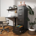Premium 4 Drawer File Cabinet with Lock Metal Vertical File Cabinet for Office or Home in Black Steel, A4 Legal/Letter Size -