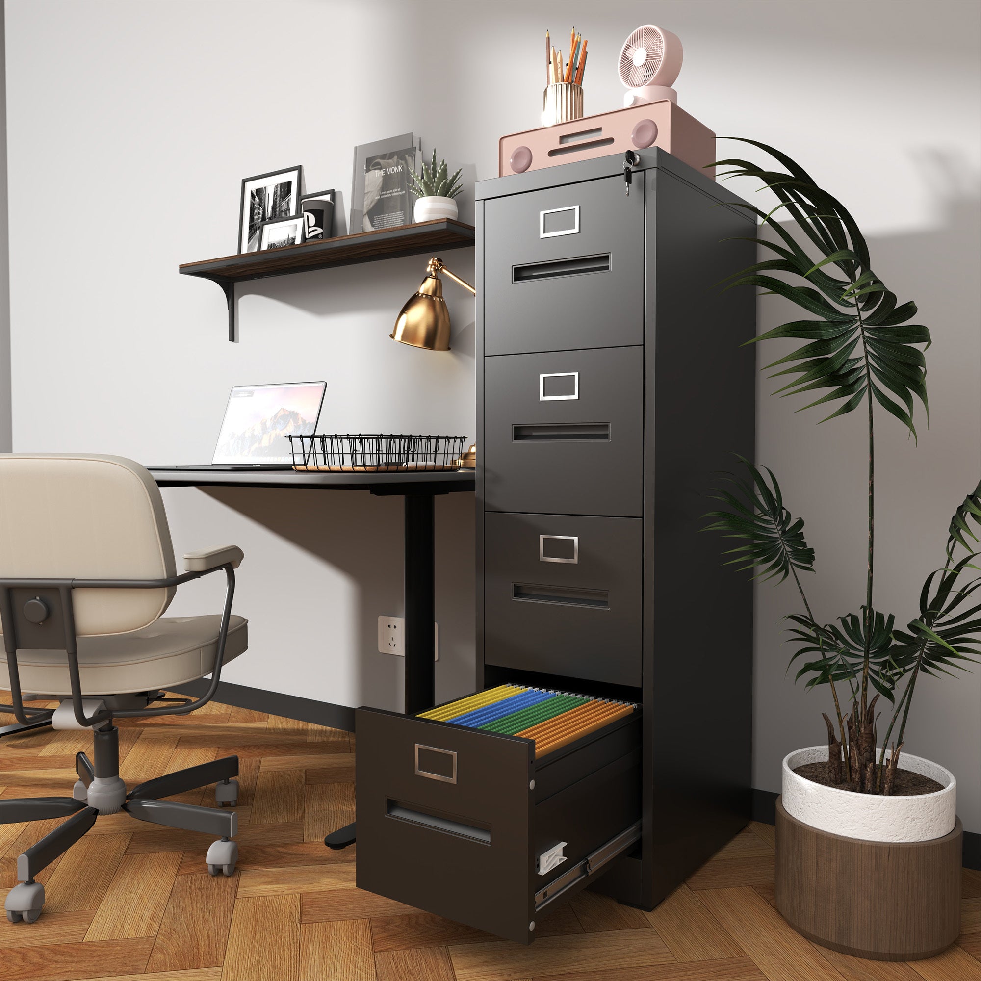 Premium 4 Drawer File Cabinet with Lock Metal Vertical File Cabinet for Office or Home in Black Steel, A4 Legal/Letter Size -