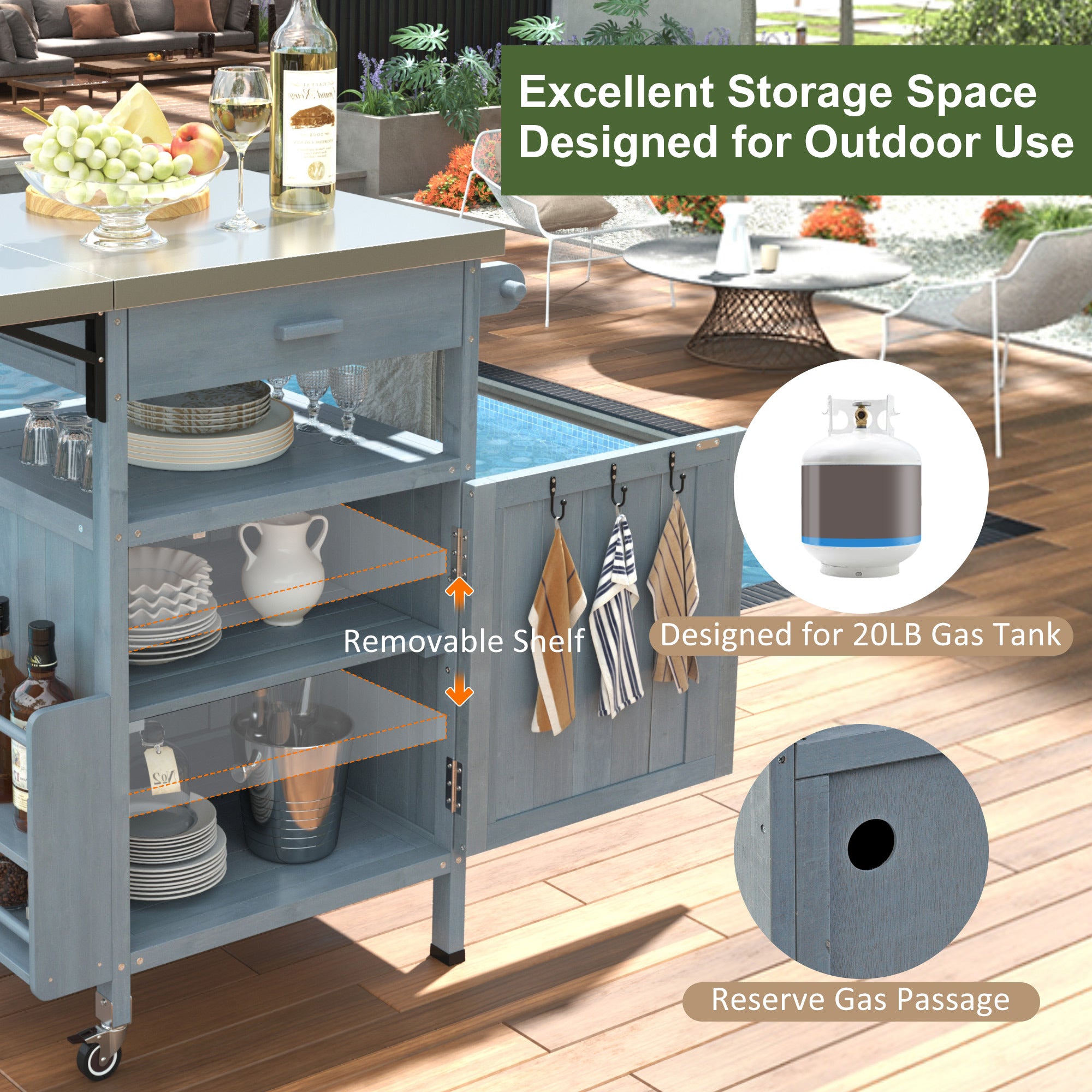 K&K 40.5' Outdoor Grill Cart with Stainless Steel Top, Solid Wood Outdoor Storage Cabinet with Drop Leaf, One Drawer, Towel Rack, Rolling Kitchen Cart with Lockable Wheels for Lawn Garden, Blue Grey - Grand Goldman Shop