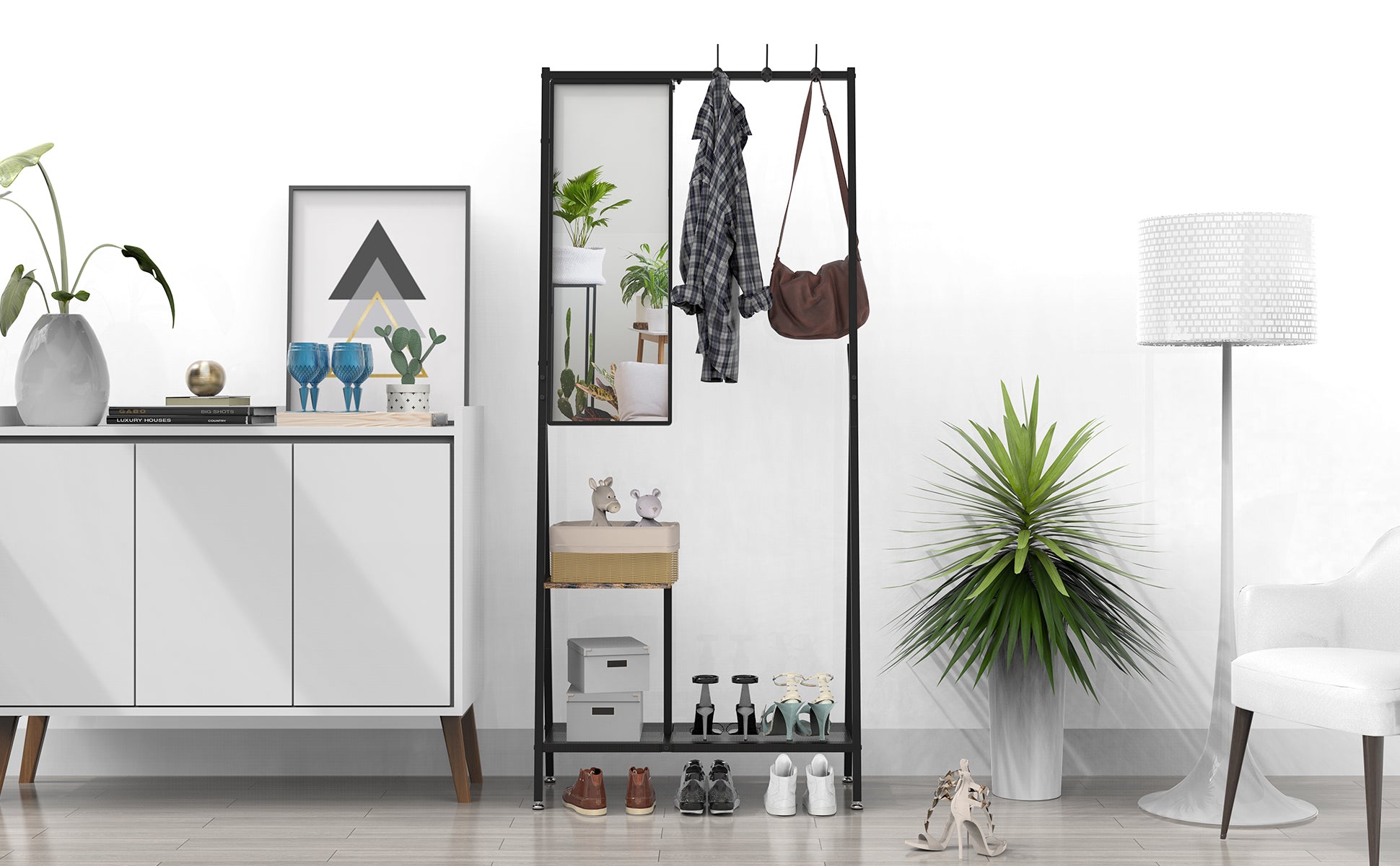 Coat Rack with Mirror, Multifunctional Hall Tree with Shoe Storage, Metal Frame, for Living Room Bedroom 73x32x15 Inches, Industrial Style, Rustic Brown and Black - Grand Goldman Shop