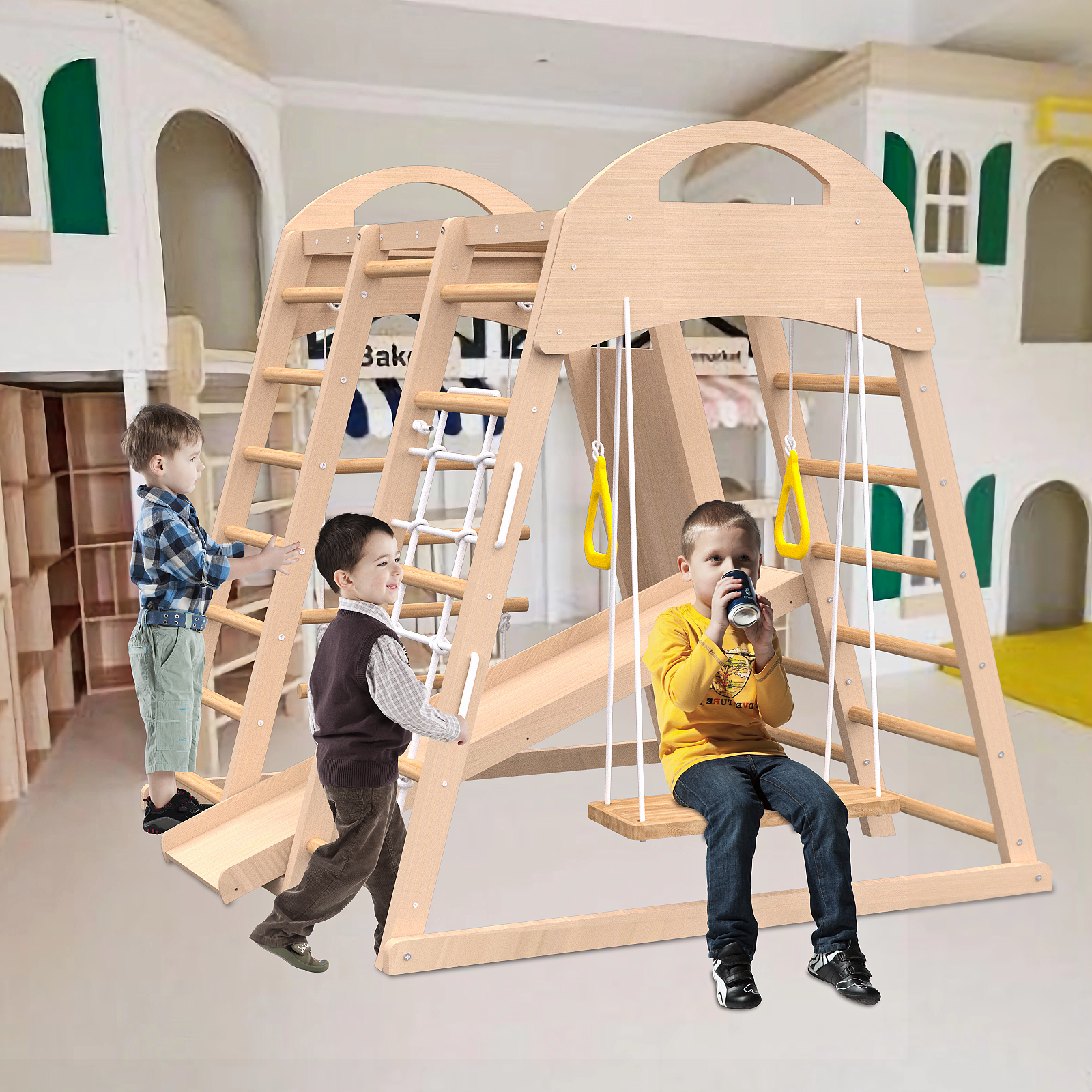 Indoor Playground 7-in-1 Jungle Gym Playset for Kids 2-6yrs - Slide, Climbing Wall, Rope Wall Climber, Monkey Bars, Swing - W