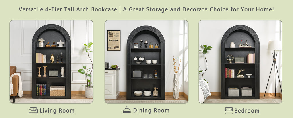 78.74' Tall Arched Bookcase, Mid Century Modern 4-Tier Arched Storage Bookcase with Open Display Storage Shelf for Dining Room, Living Room,Bedroom (Black) - Grand Goldman Shop